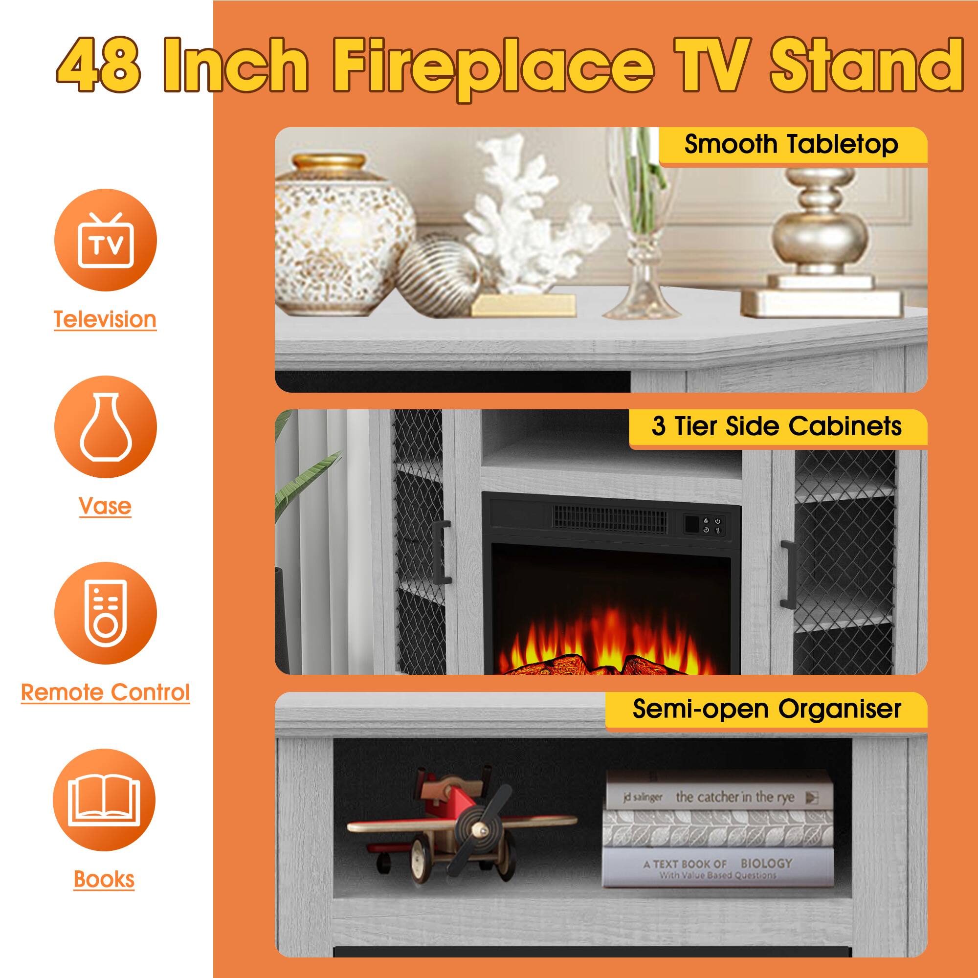 48 Inch Fireplace TV Stand  
Smooth Tabletop  
3 Tier Side Cabinets  
Vase  
Remote Control  
Books  
Semi-open Organiser  

A TEXT BOOK OF BIOLOGY  
With Value Based Questions  

J. Salinger  
the catcher in the rye