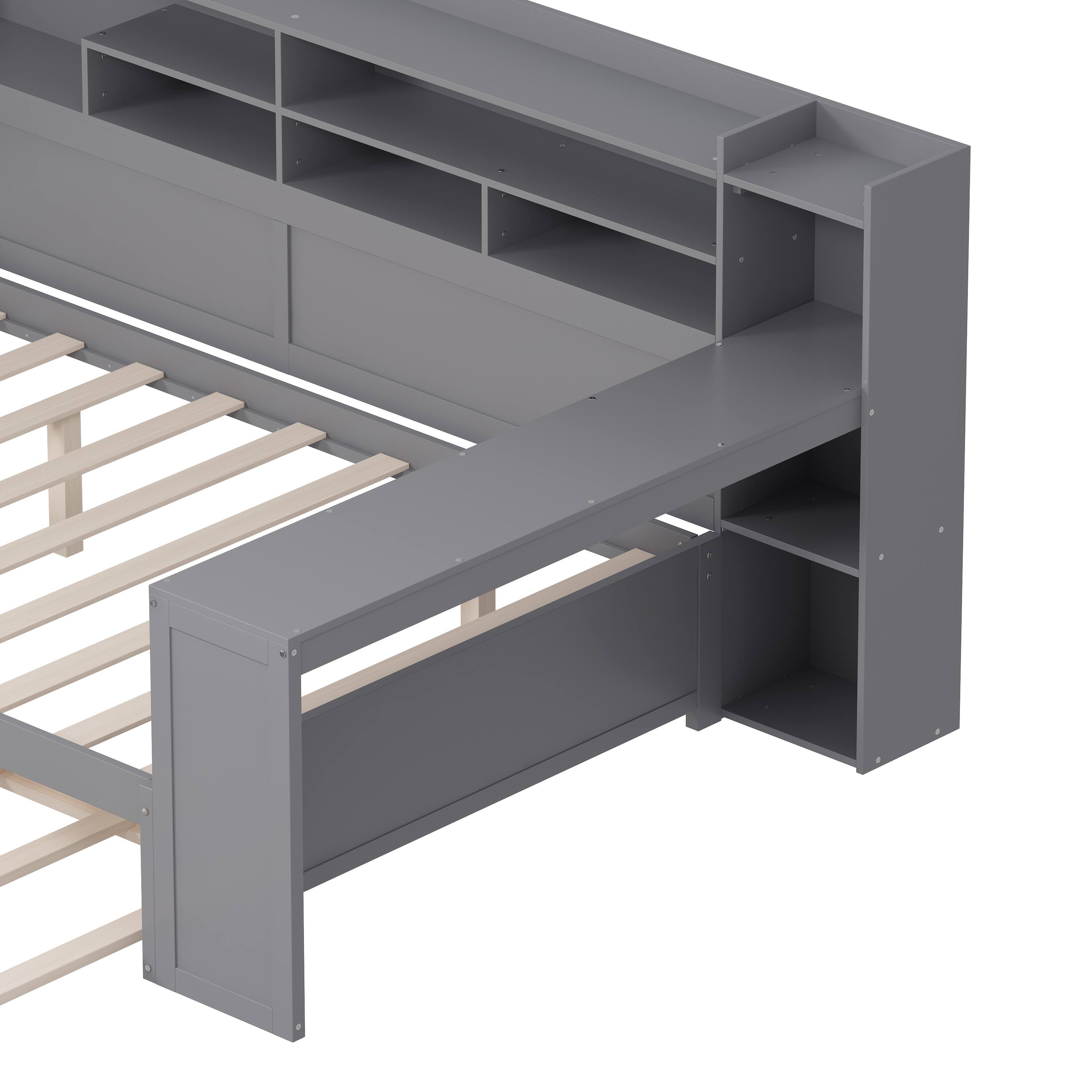Alt View 8. Tiramisubest - Wooden Full Size Daybed with Storage Shelves, Multi-functional Bed with Twin Size Trundle Bed and  Study Desk,Gray - Gray.