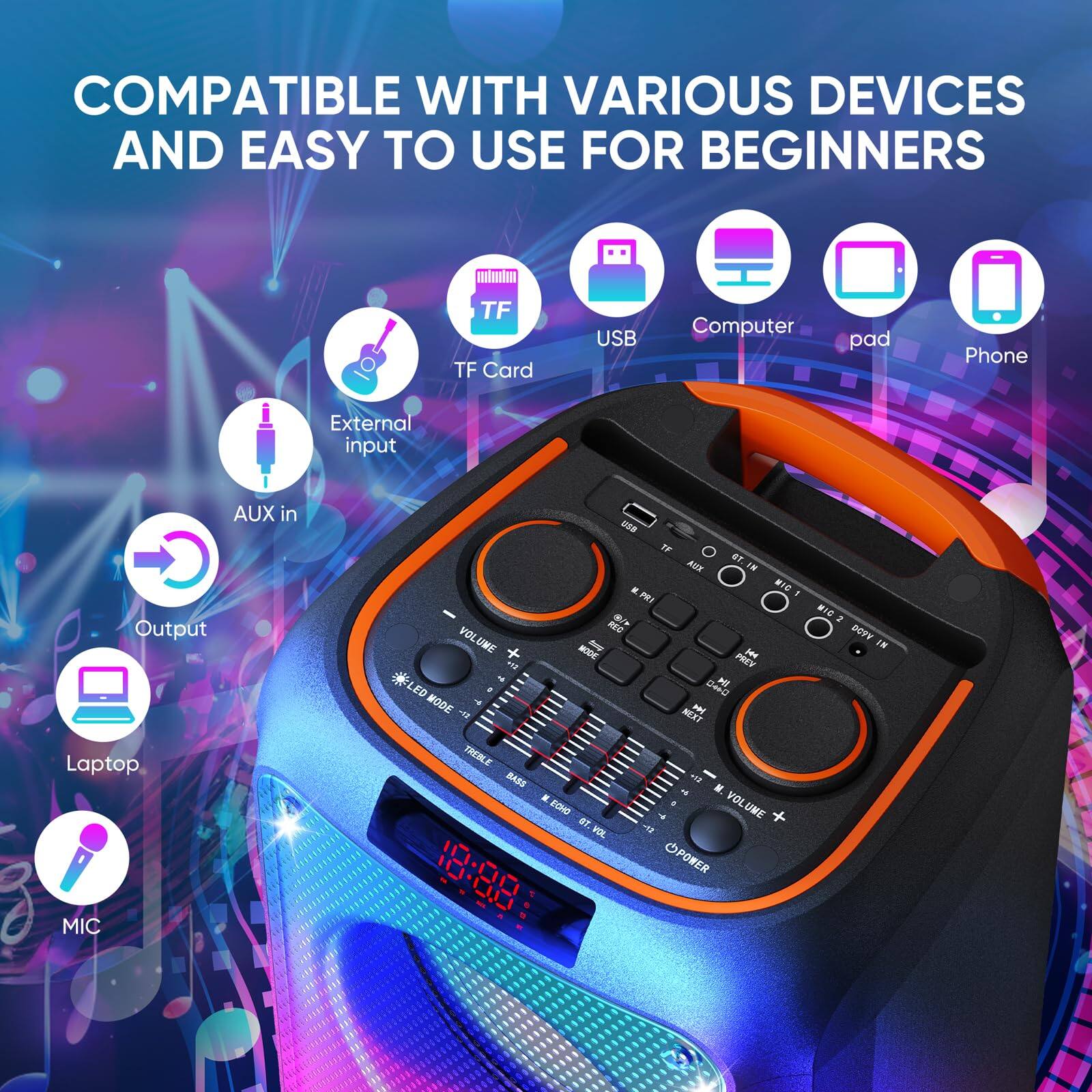 COMPATIBLE WITH VARIOUS DEVICES AND EASY TO USE FOR BEGINNERS

- TF Card
- USB
- Computer
- pad
- Phone
- External input
- AUX in
- Output
- Laptop
- MIC
