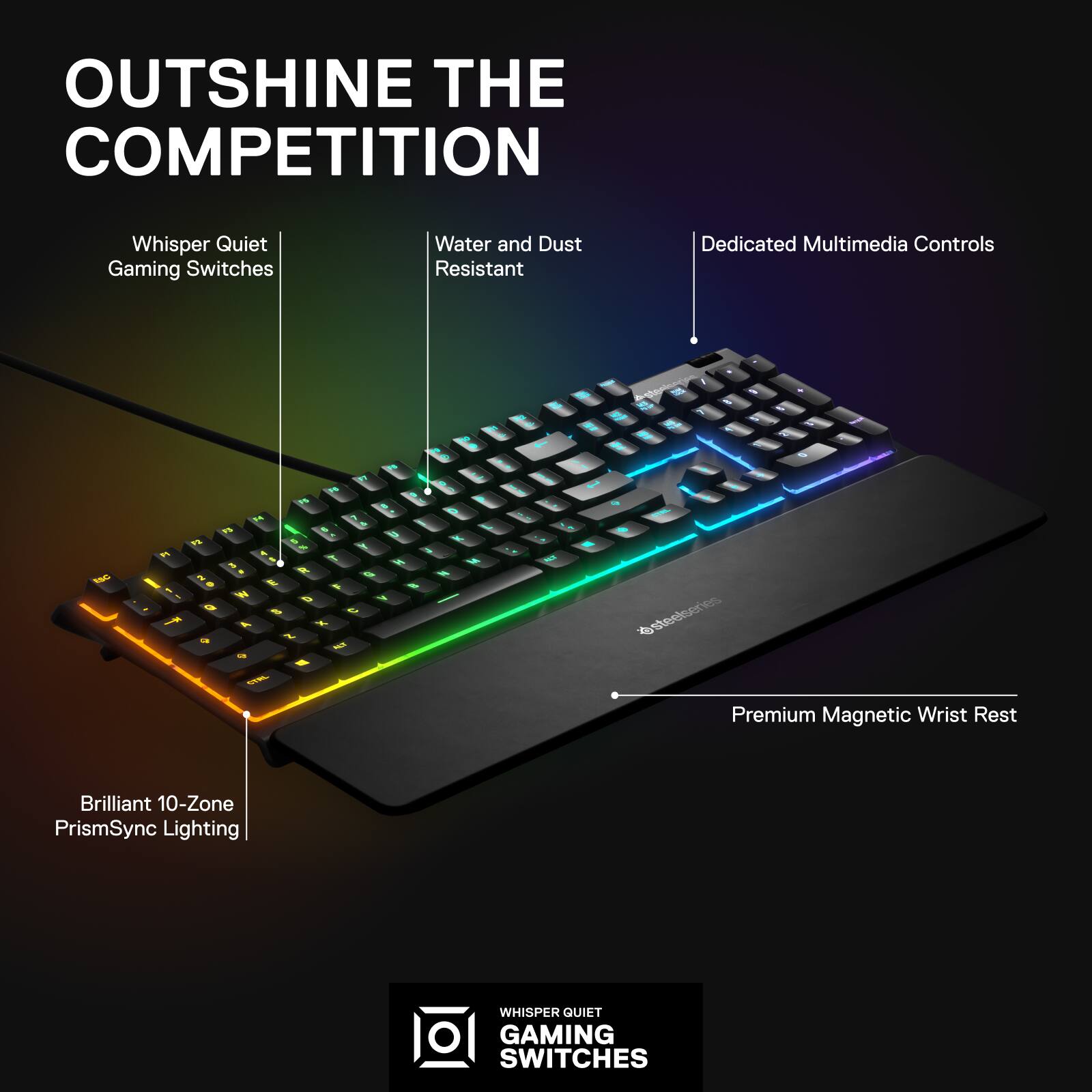 OUTSHINE THE COMPETITION Whisper Quiet Gaming Switches Water and Dust Resistant Dedicated Multimedia Controls - - N % . N - B  1  .  & i  & 1 . 9 -  3 A . Y W A A . - - a I & 1 . - W - 5 ' 5 / D f 1 1 a  - - - O M -  a - J - esteetseries . Premium Magnetic Wrist Rest Brilliant 10-Zone PrismSync Lighting WHISPER QUIET O GAMING SWITCHES