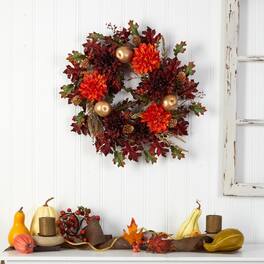 BreeBe - 24" Dahlia Apple Oak Leaf and Berries Artificial Wreath - Green