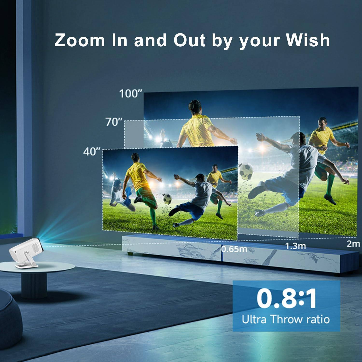 Zoom In and Out by your Wish

100"  
70"  
40"  

0.65m  
1.3m  
2m  

0.8:1  
Ultra Throw ratio