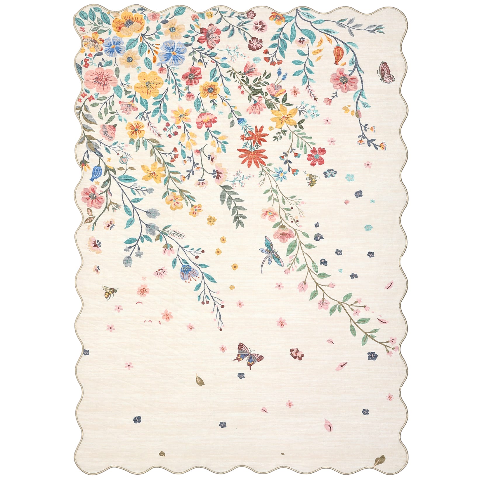 Jojoka - Pastoral Garden Rug Enchanted Floral & Insect Print Washable Carpet Soft Ultra-Thin for Boho Bedrooms & Living Rooms - Beige