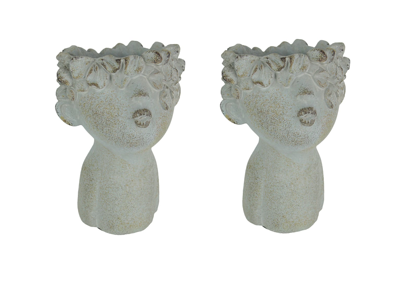 Things2Die4 - Set of 2 Pucker Up Junior Kissing Face Weathered Finish Concrete Head Planter - Gray