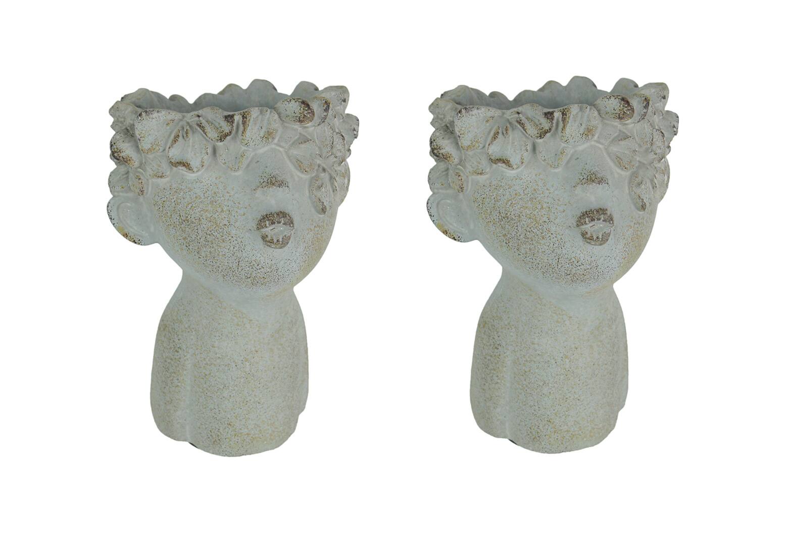 Front. Things2Die4 - Set of 2 Pucker Up Junior Kissing Face Weathered Finish Concrete Head Planter - Grey.