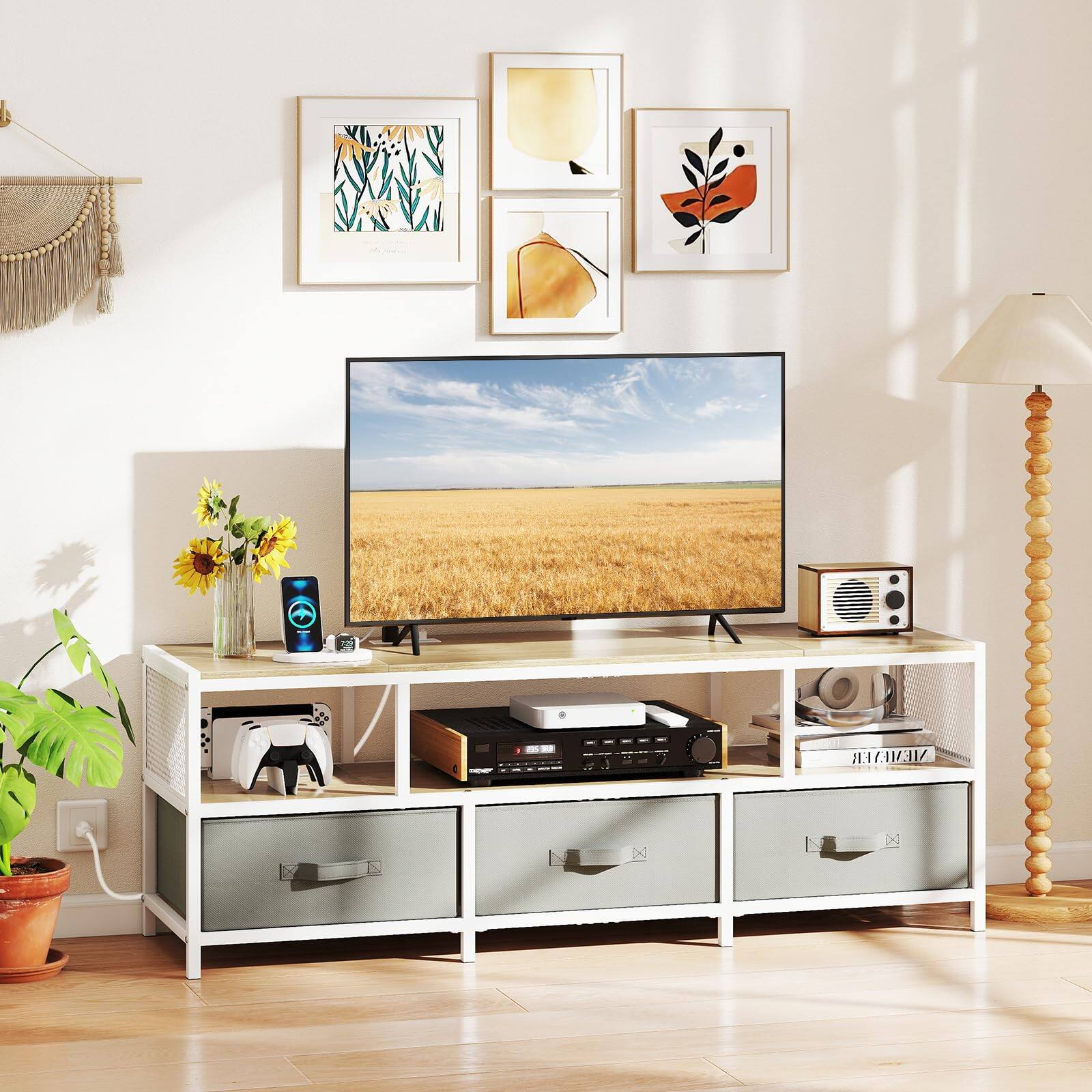 Alt View 1. Ecooso - TV Stand for 65 Inch TVs with Power Outlets and USB Charging Ports - Natural + Gray + White.