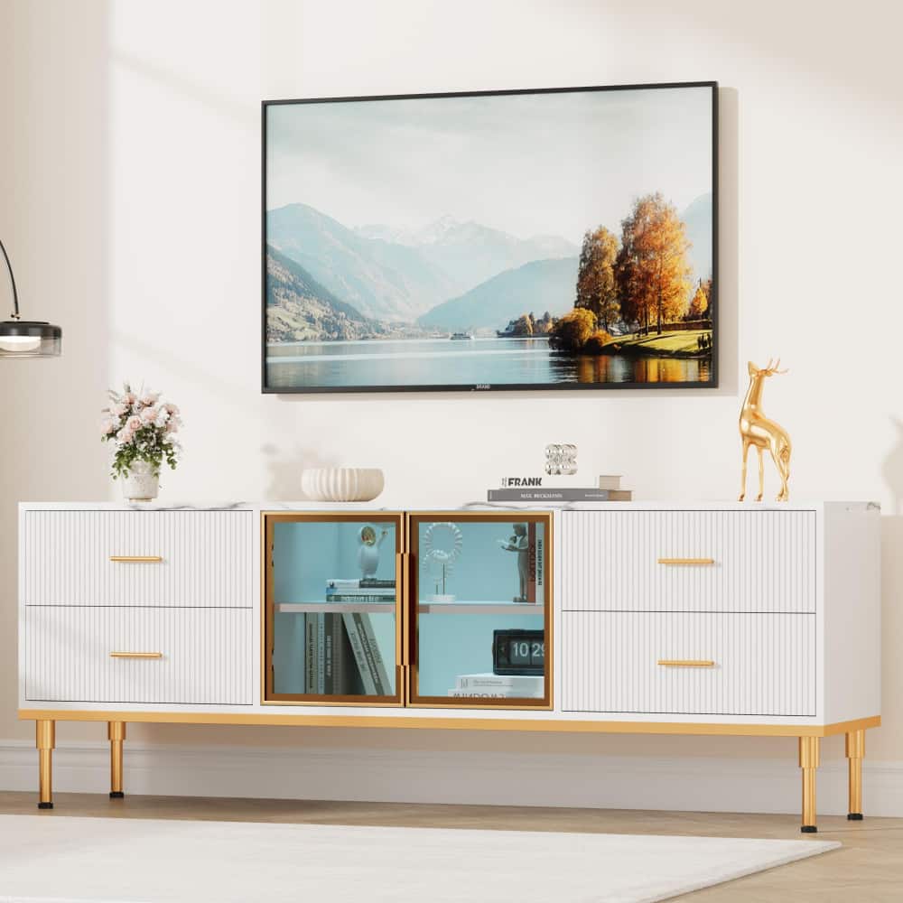 Homhougo - 75" Fluted TV Stand, LED Lights, Drawers, Glass Door, Marble Top - White