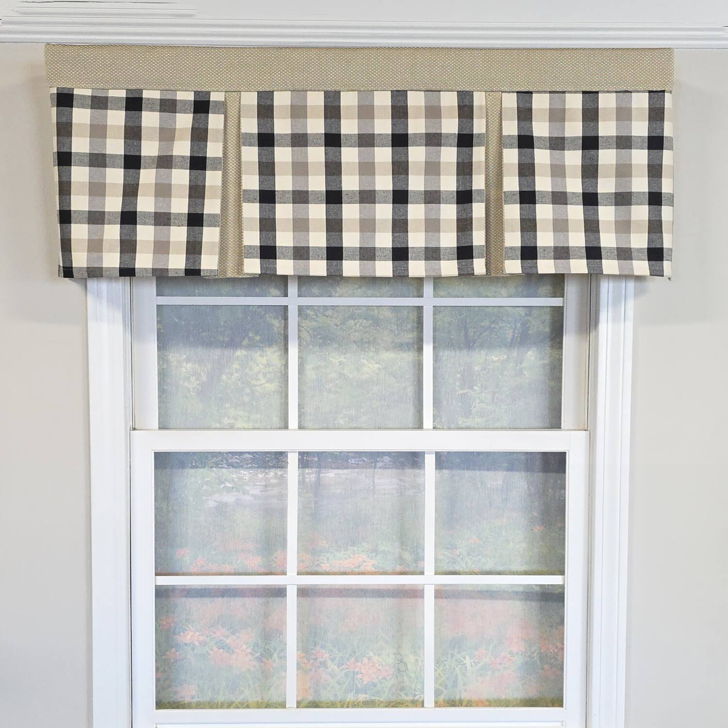 Angle. RLF Home - RLF Home 100% Cotton Bison Check Pleated  Unlined Windows Rod Pocket Valance 50" x 17"  Black - Black.