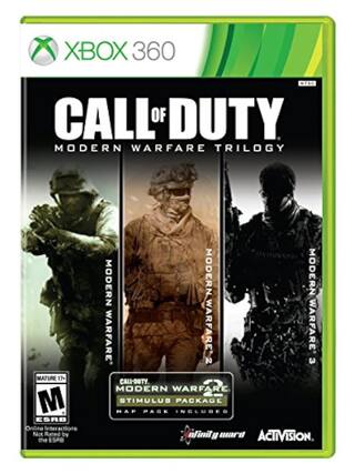 XBOX 360 NTSC
CALL OF DUTY MODERN WARFARE TRILOGY
MATURE 17+
M ESRB
Online Interaction Not Rated by the ESPB
MODERN WARFARE
MODERN WARFARE 2
MODERN WARFARE 3
CALL-OUTY MODERN WARFARE 2 STIMULUS PACKAGE INCLUDED
ACTIVISION
Infinity Ward - M (Mature 17+)
