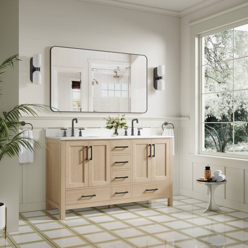 WELLFOR 60 in Bathroom Vanity with Double Sink, Solid Wood Bathroom ...