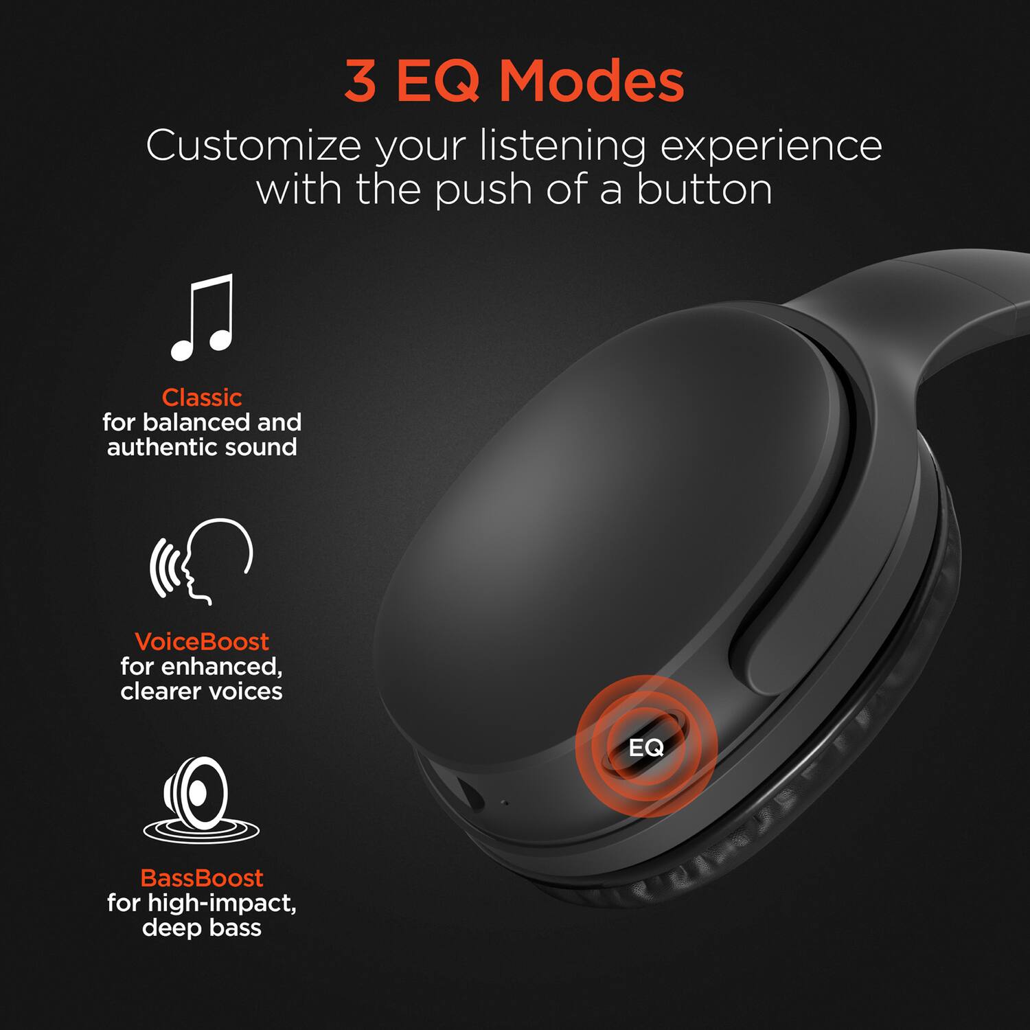 3 EQ Modes

Customize your listening experience with the push of a button

- Classic for balanced and authentic sound
- VoiceBoost for enhanced, clearer voices
- BassBoost for high-impact, deep bass