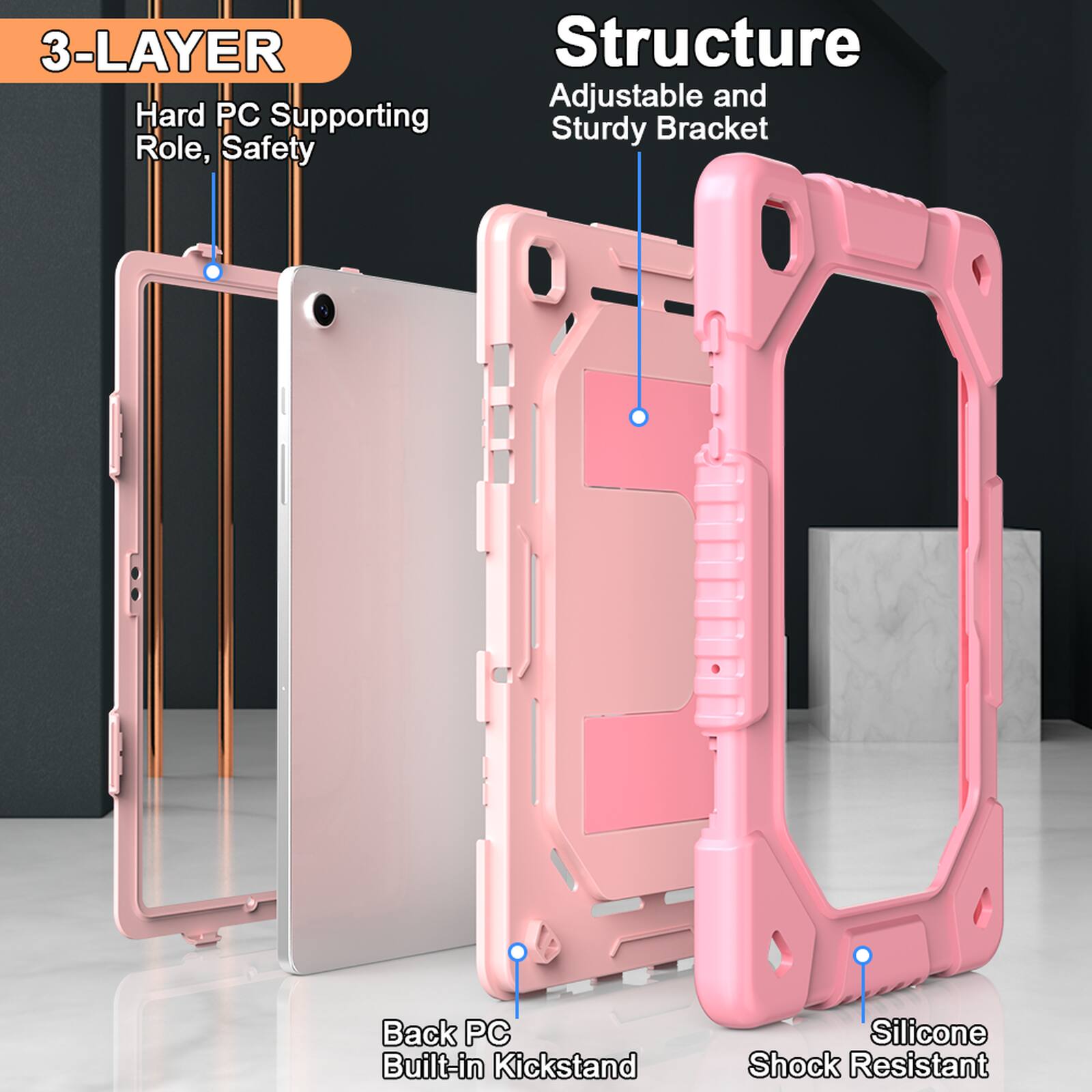 3-LAYER Structure Adjustable and Sturdy Bracket

Hard PC Supporting Role, Safety

Back PC Built-in Kickstand

Silicone Shock Resistant