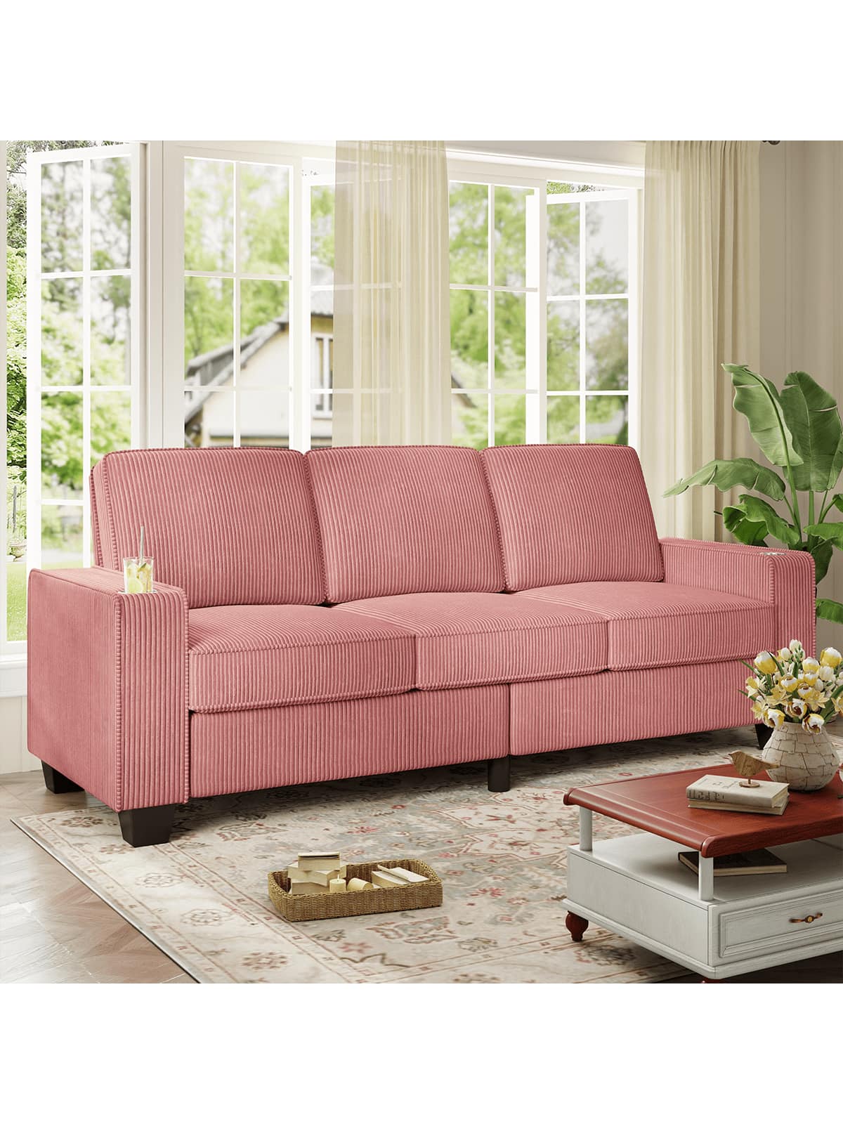 Front. Trinkets Crazed - 83.5 Inch Oversized 3 Seater Couch,Upholstered Corduroy Love Seat Sofa for Living Room,Modern Deep Seat Loveseat Sofa - Pink.