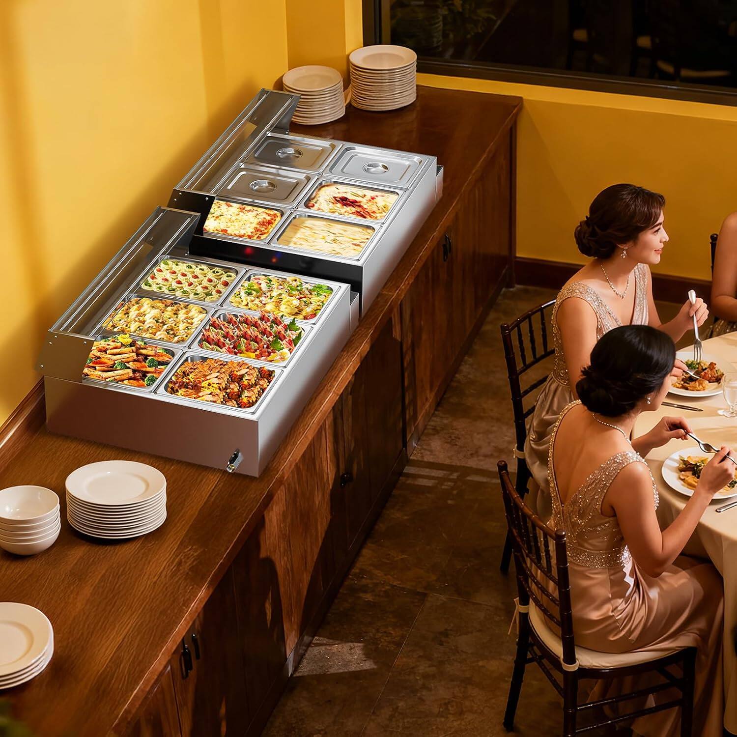 Alt View 7. Winado - 72QT Electric Commercial Food Warmer 1700W, 6-Pan Steam Table 12QT/Pan Stainless Steel Bain Marie with Acrylic Shield - Silver.