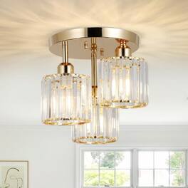 LUCKY ONE - 10.6in Semi Flush Mount Crystal Ceiling Light, 3-Light Modern Gold Fixture for Kitchen Hallway Bedroom - Golden