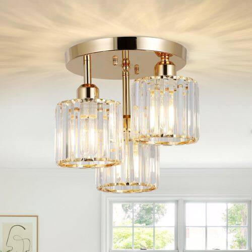 Front. LUCKY ONE - 10.6in Semi Flush Mount Crystal Ceiling Light, 3-Light Modern Gold Fixture for Kitchen Hallway Bedroom - Golden.