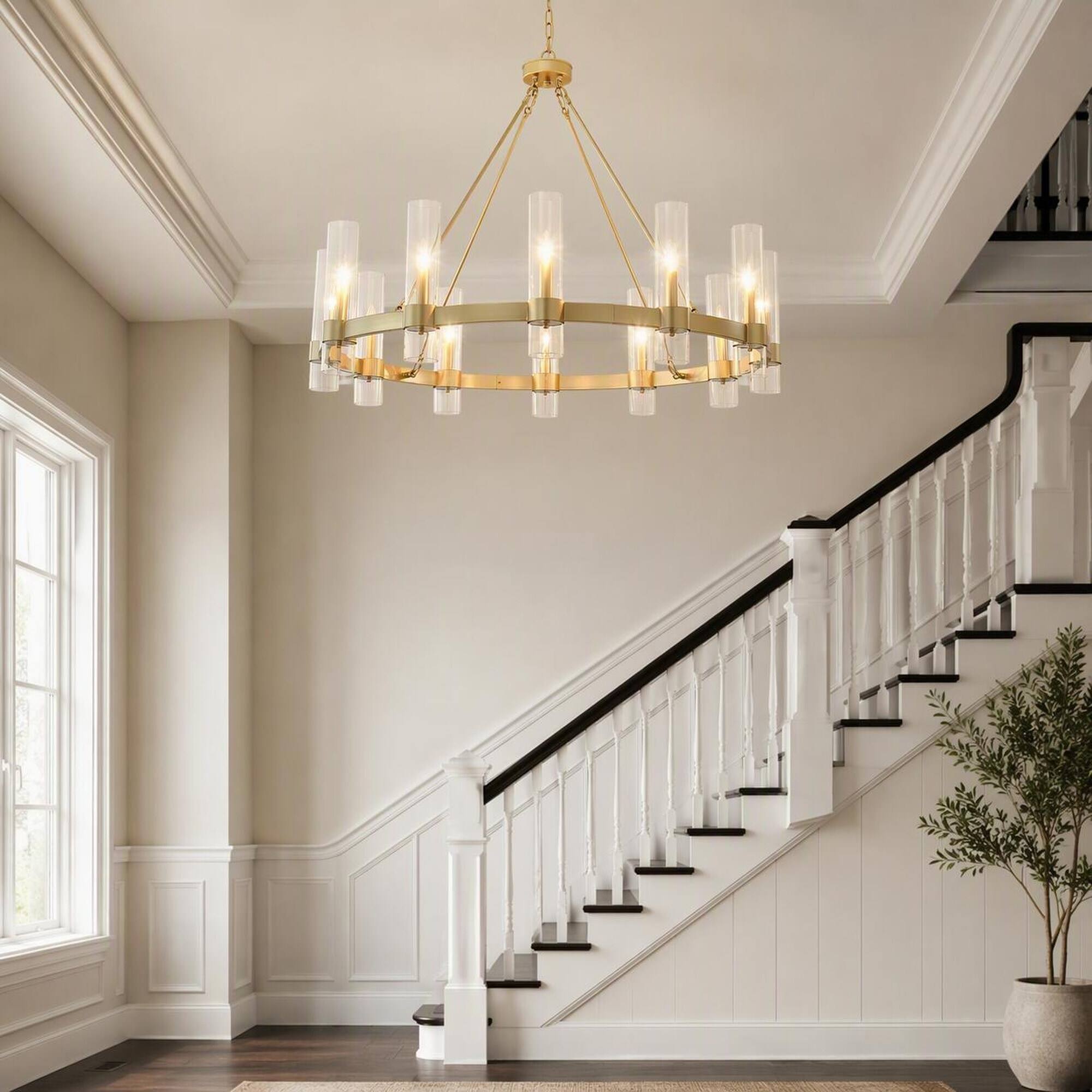 Back. RYHNUYNE - 39.4-Inch Gold Wagon Wheel Chandelier, 12-Light Pendant with Seeded Glass Shades, Adjustable Chain for Dining Room.