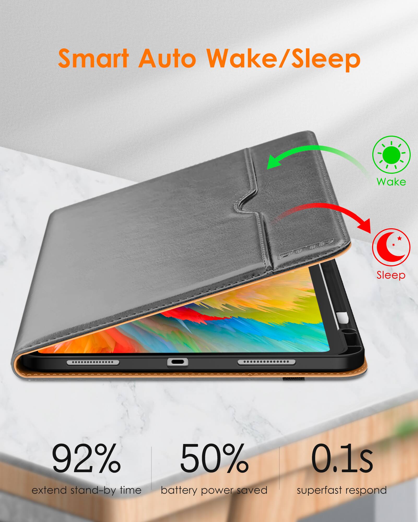 Smart Auto Wake/Sleep

- 92% extend stand-by time
- 50% battery power saved
- 0.1s superfast respond

Wake
Sleep
