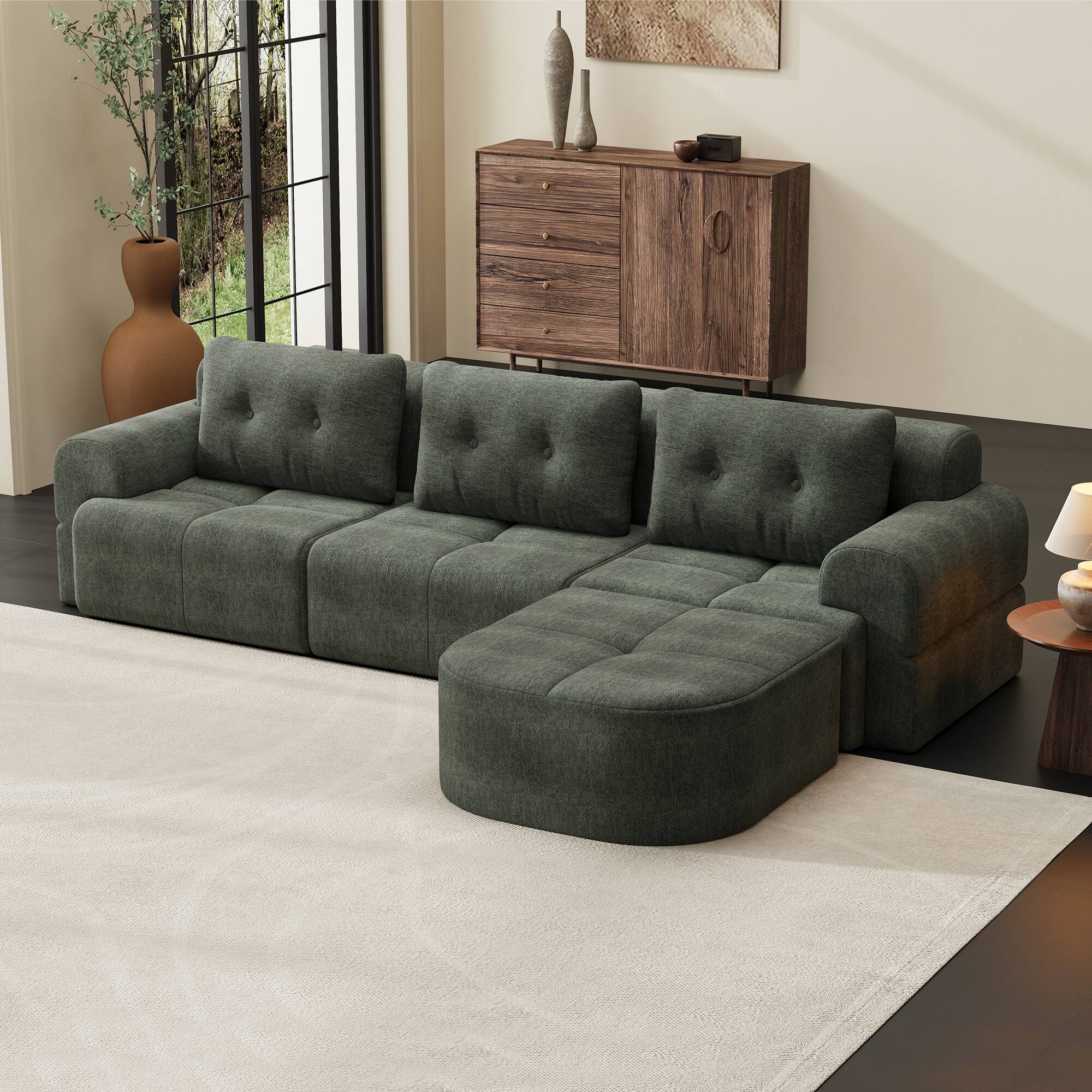 Front. Anysun - Modular Sectional Sofa with Chaise - Full-Foam Structure,Compression Packaging,Woven Texture,Oversized Living Room Couch - Green.