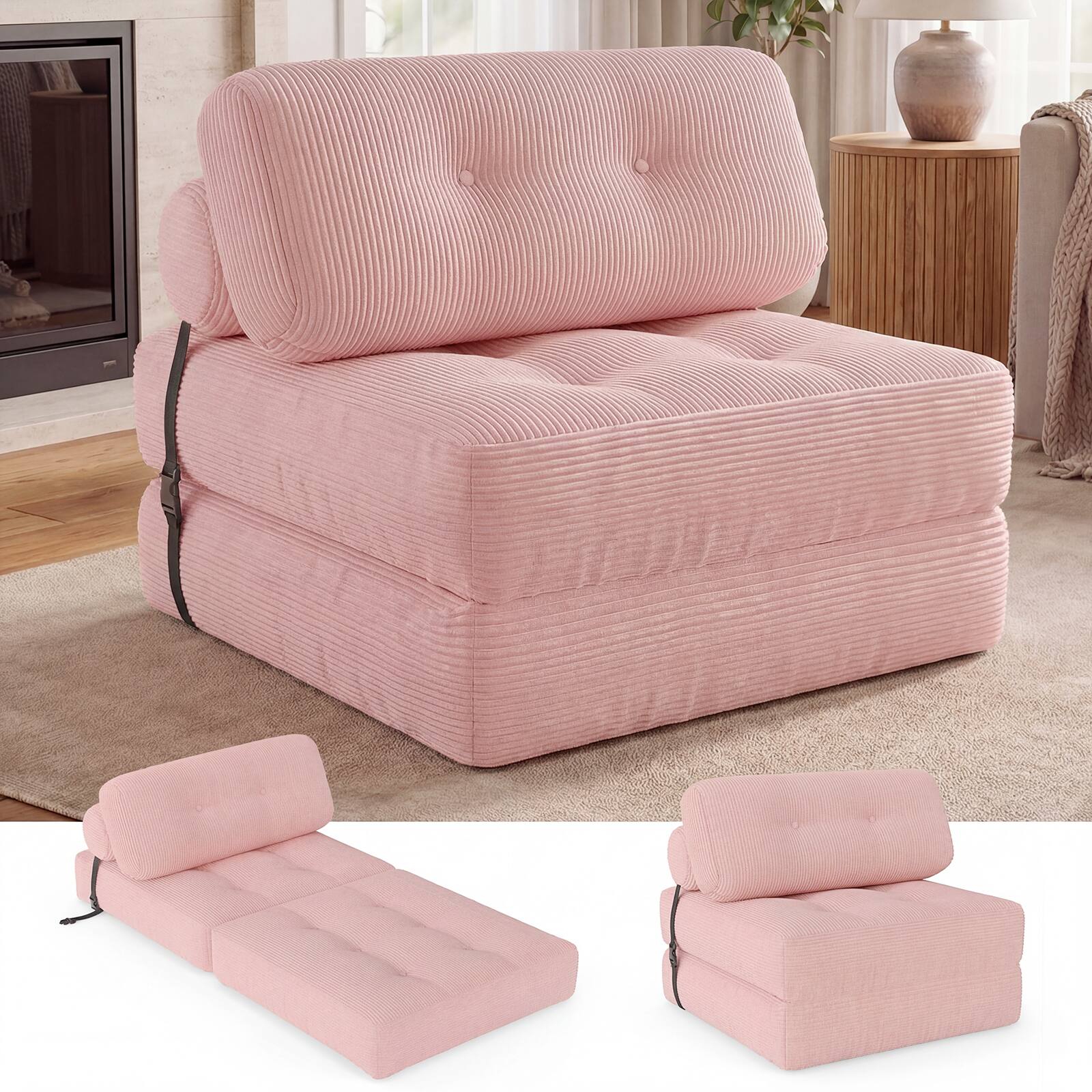 Alt View 3. Costway - Costway Folding Sofa Bed, Convertible Sleeper Chair with Pillow Back Support Corduroy Cover - Pink.