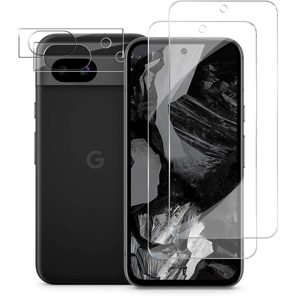 Front. PARKER SLATER - Pixel 8a Screen Protector 2+2 Pack, Tempered Glass + Camera Lens Cover - Clear.