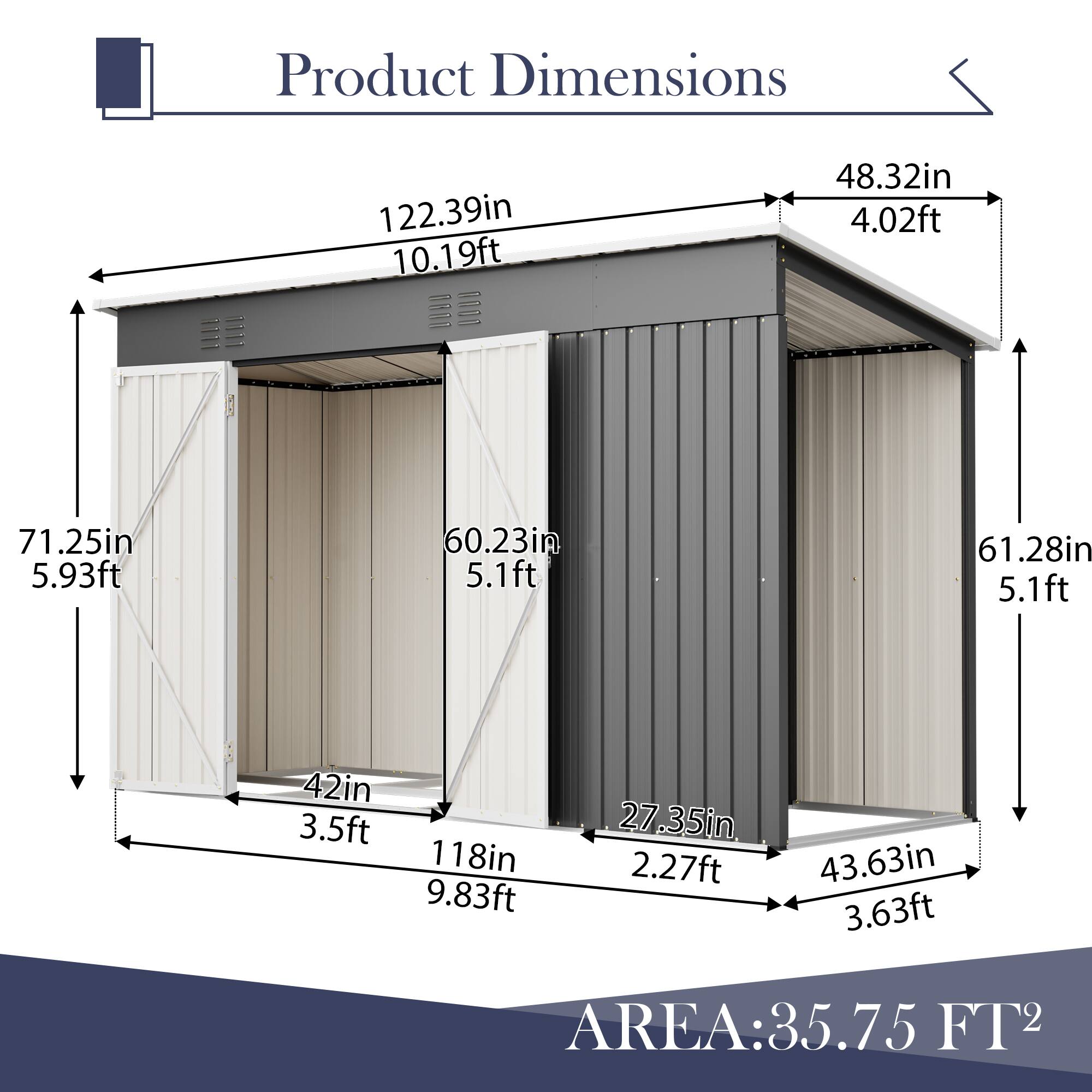 Product Dimensions

- 122.39in (10.19ft)
- 48.32in (4.02ft)
- 71.25in (5.93ft)
- 60.23in (5.1ft)
- 61.28in (5.1ft)
- 42in (3.5ft)
- 118in (9.83ft)
- 27.35in (2.27ft)
- 43.63in (3.63ft)

AREA: 35.75 FT²