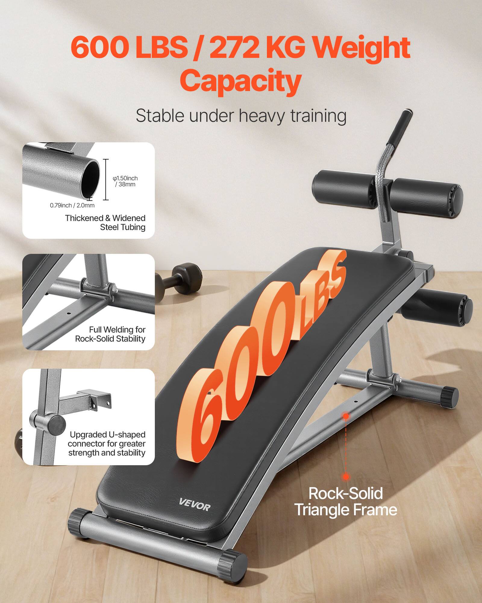 600 LBS / 272 KG Weight Capacity  
Stable under heavy training  

- 1.50 inch / 38mm  
- 0.79 inch / 2.0mm  
Thickened & Widened Steel Tubing  

Full Welding for Rock-Solid Stability  

Upgraded U-shaped connector for greater strength and stability  

Rock-Solid Triangle Frame  

VEVOR