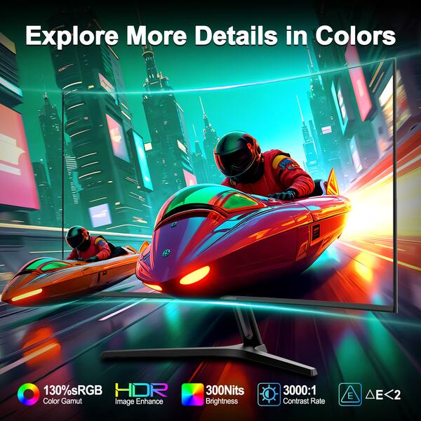 Explore More Details in Colors

130% sRGB HDR Color Gamut  
Image Enhance  
300Nits Brightness  
3000:1 Contrast Rate  
ΔE<2