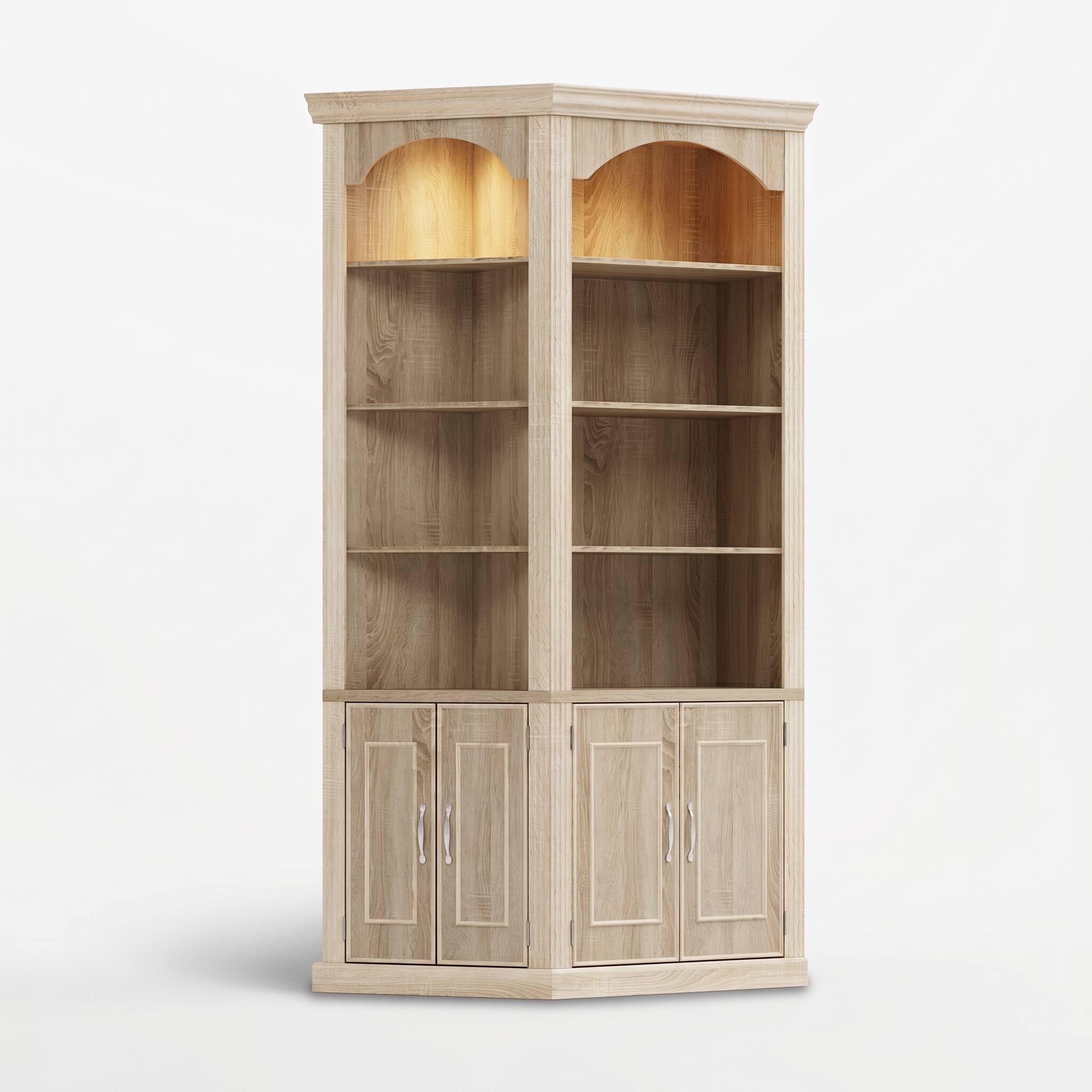 Alt View 6. FUFU & GAGA - Arched Display Cabinet with LED Lights, Illuminated Tall Bookcase for Living Room, Storage Cabinet with Doors & Shelves - Light Oak.