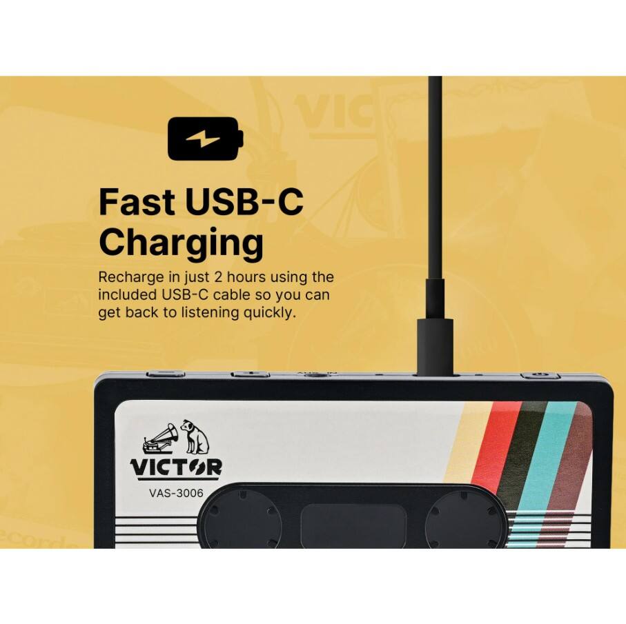 Fast USB-C Charging  
Recharge in just 2 hours using the included USB-C cable so you can get back to listening quickly.  

VICTOR VAS-3006