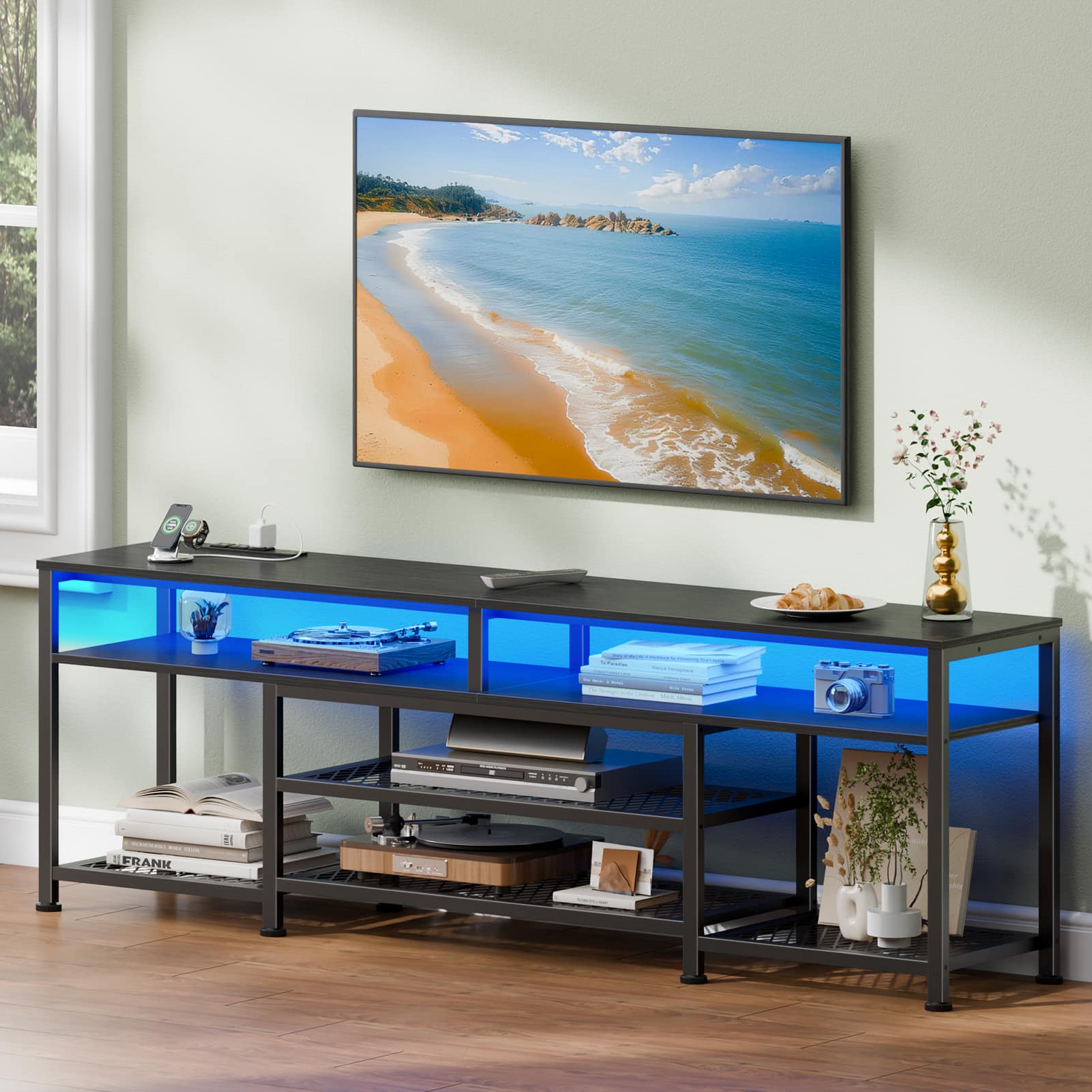 Furnulem - Contemporary LED Entertainment Center with Charging Outlets TV Stand for Large TVs Media Console with Storage Cabinets - Black