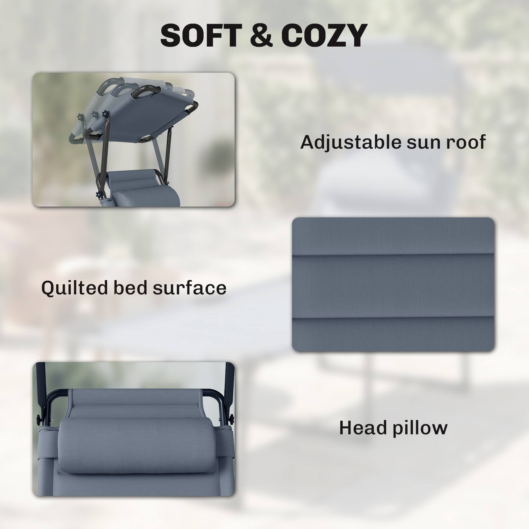 SOFT & COZY

- Adjustable sun roof
- Quilted bed surface
- Head pillow