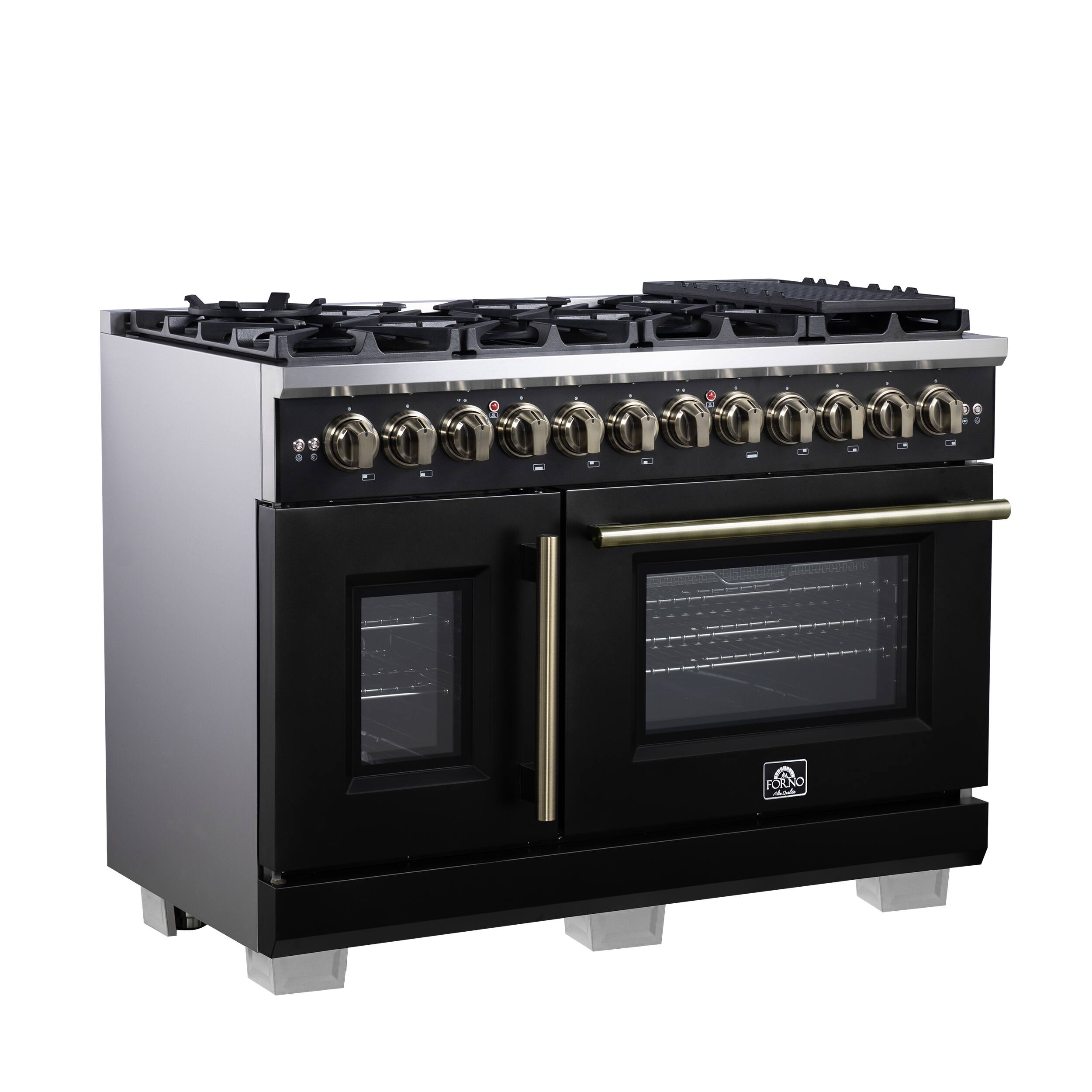 Left. Forno Appliances - Capriasca 6.58 Cu. Ft. Freestanding Dual Fuel True Convection Range with French Doors - Black.