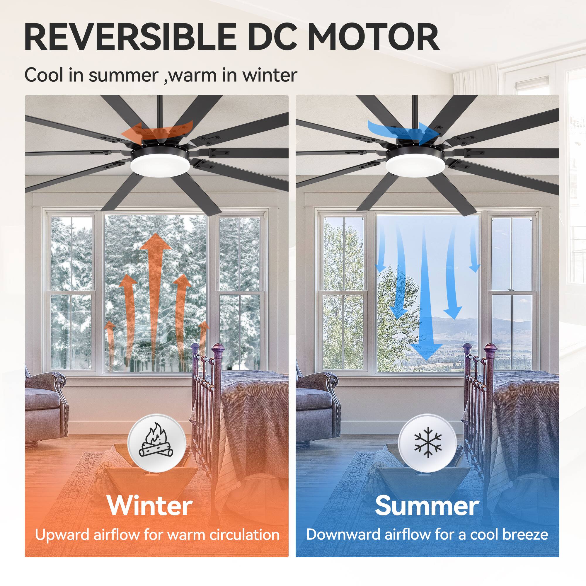 REVERSIBLE DC MOTOR  
Cool in summer, warm in winter  

Winter  
Upward airflow for warm circulation  

Summer  
Downward airflow for a cool breeze