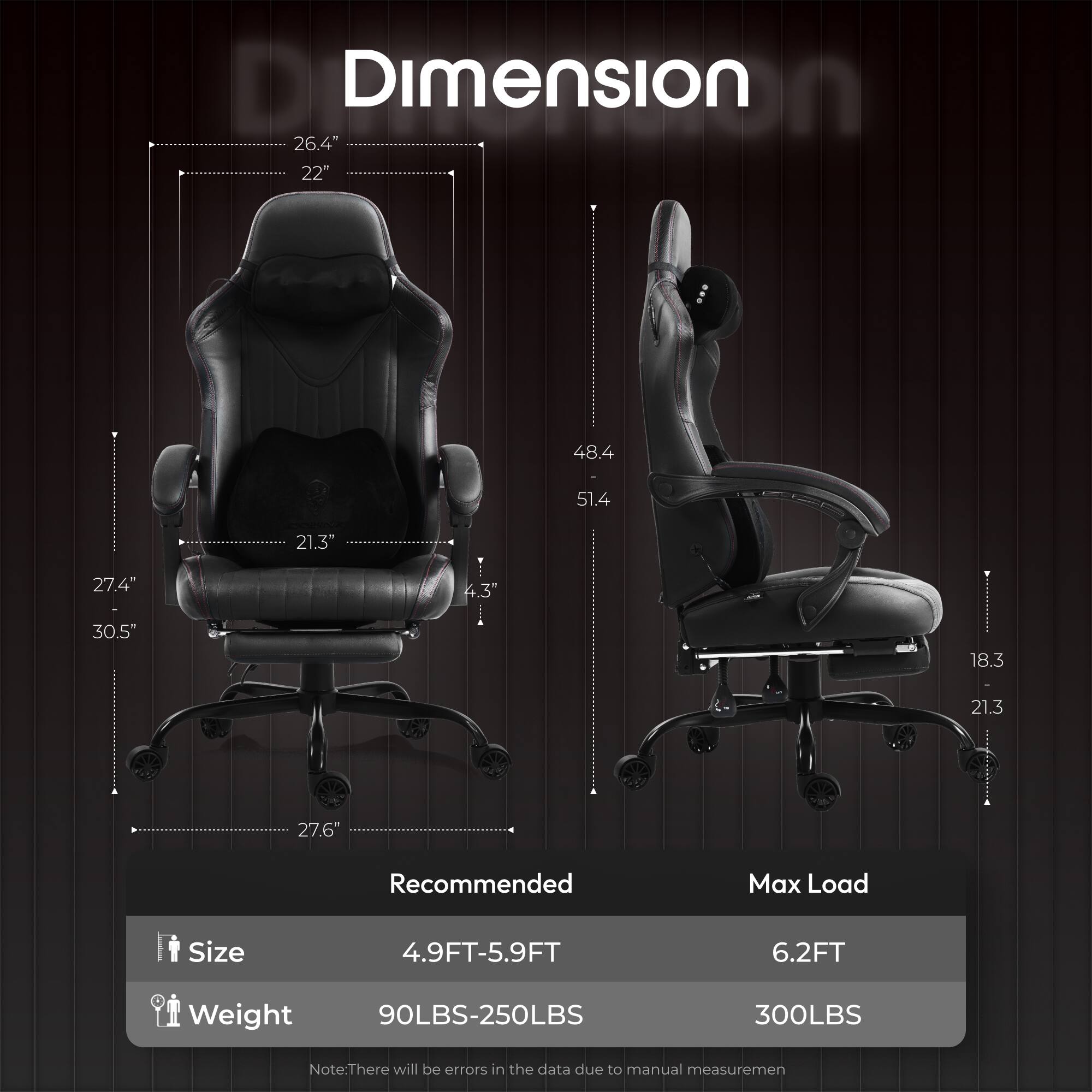 Dimension  
26.4" x 22" x 48.4" x 51.4" x 21.3" x 27.4" x 4.3" x 30.5" x 18.3" x 21.3" x 27.6"  

Recommended Max Load Size  
4.9FT-5.9FT 6.2FT  

Weight  
90LBS-250LBS 300LBS  

Note: There will be errors in the data due to manual measurement.