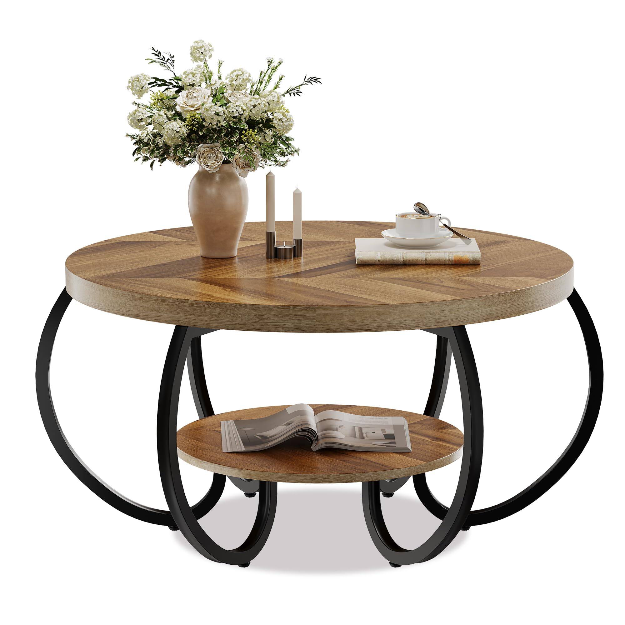 Back. Jojoka - 30 Inch Round Coffee Table with Storage Shelf, 2 Tier Wood Center Table with Curved Metal Legs - Natural.