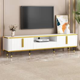 APRILSOUL - Luxury Minimalism TV Stand with Open Storage Shelf for TVs Up to 85in with Cabinets and Drawers Unique Legs White - White+Gold