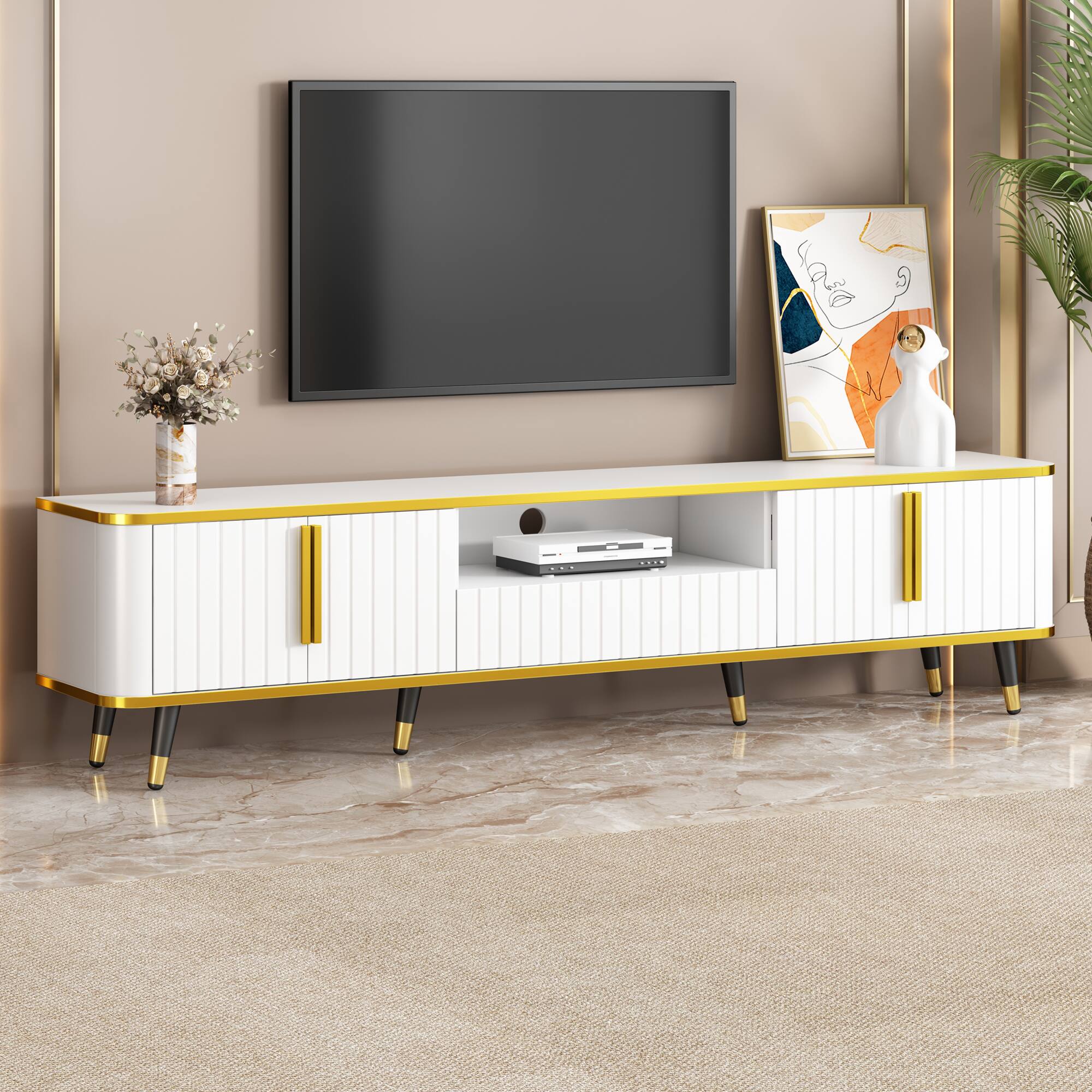 Front. APRILSOUL - Luxury Minimalism TV Stand with Open Storage Shelf for TVs Up to 85in with Cabinets and Drawers Unique Legs White - White+Gold.