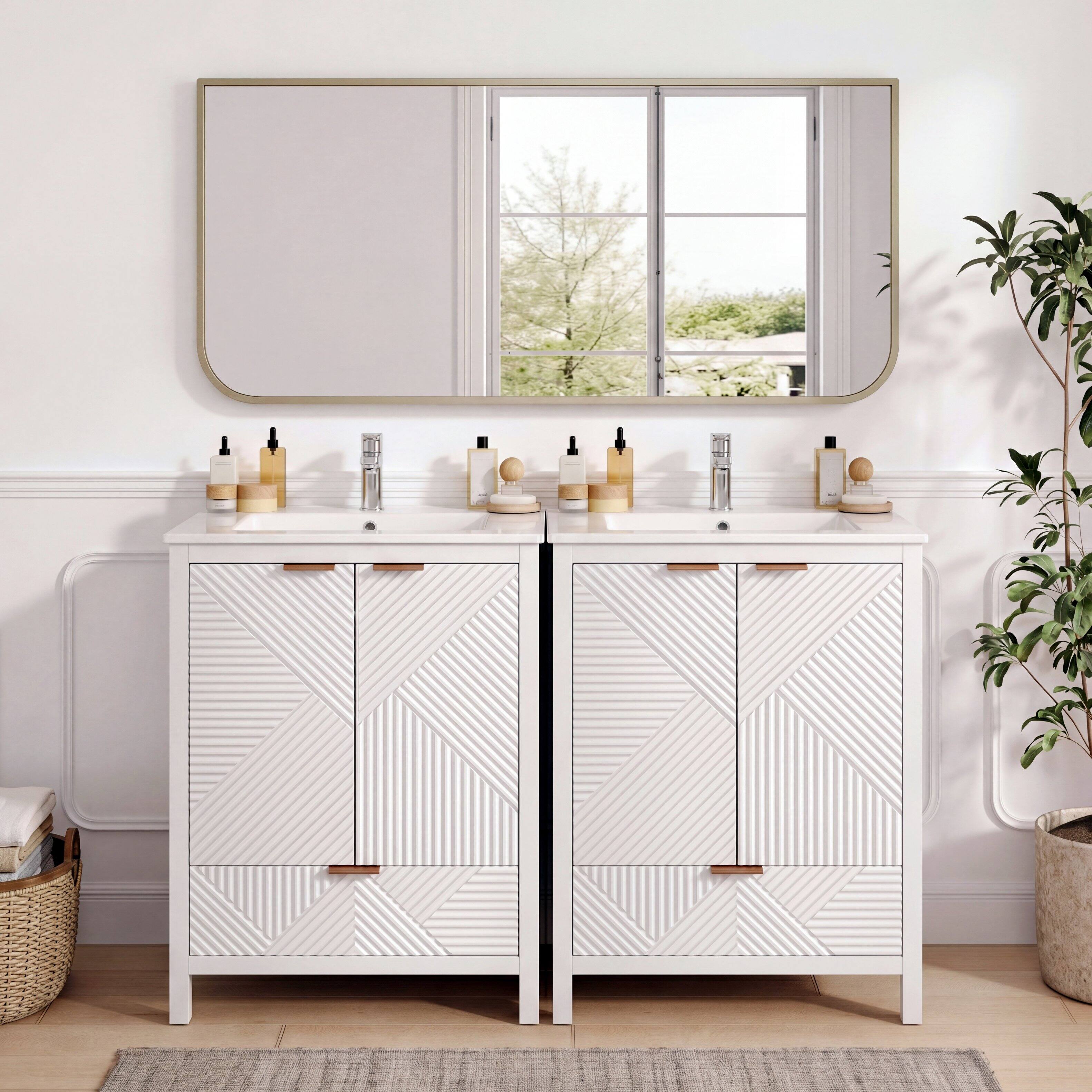 Angle. Loheer - 4.04 ft Bathroom Vanity Set with Double Ceramic Sinks, Soft Close Doors and Drawer for Bath - White.