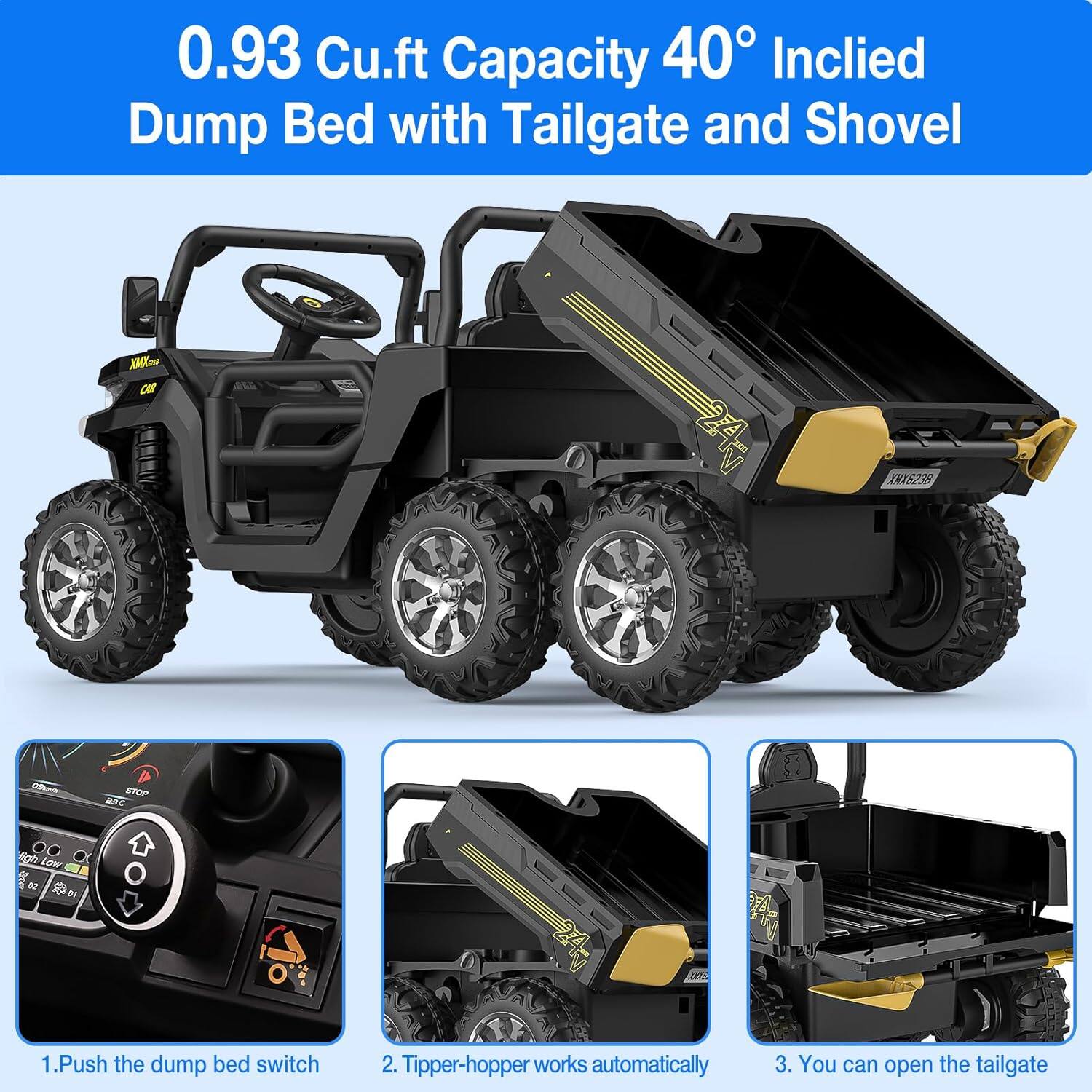 0.93 Cu.ft Capacity 40° Inclined Dump Bed with Tailgate and Shovel

1. Push the dump bed switch
2. Tipper-hopper works automatically
3. You can open the tailgate