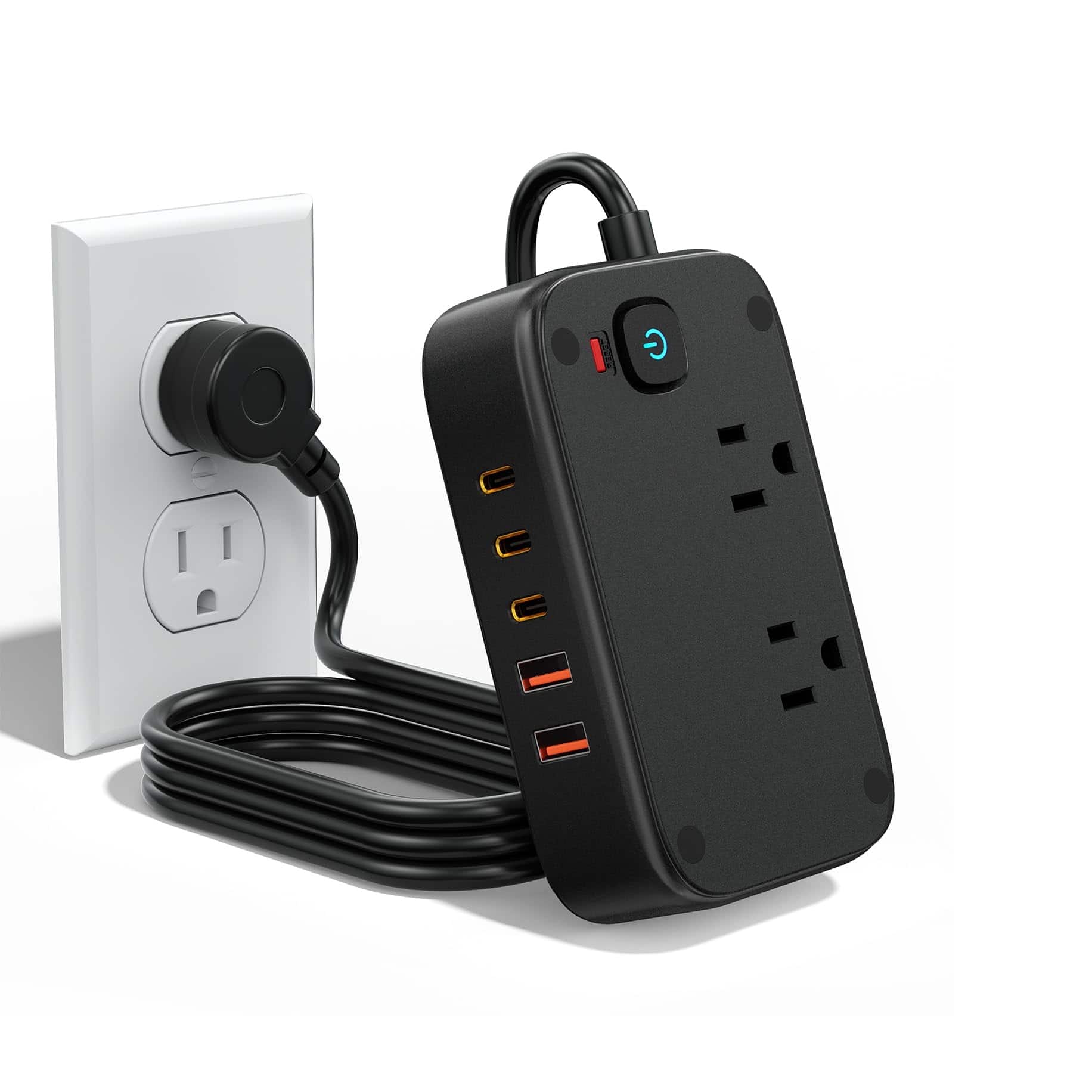 Dazzed Corner - Travel Power Strip, Flat Plug Power Strip with 2 AC Outlets - Black