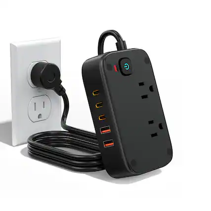 Front. Dazzed Corner - Travel Power Strip, Flat Plug Power Strip with 2 AC Outlets - Black.
