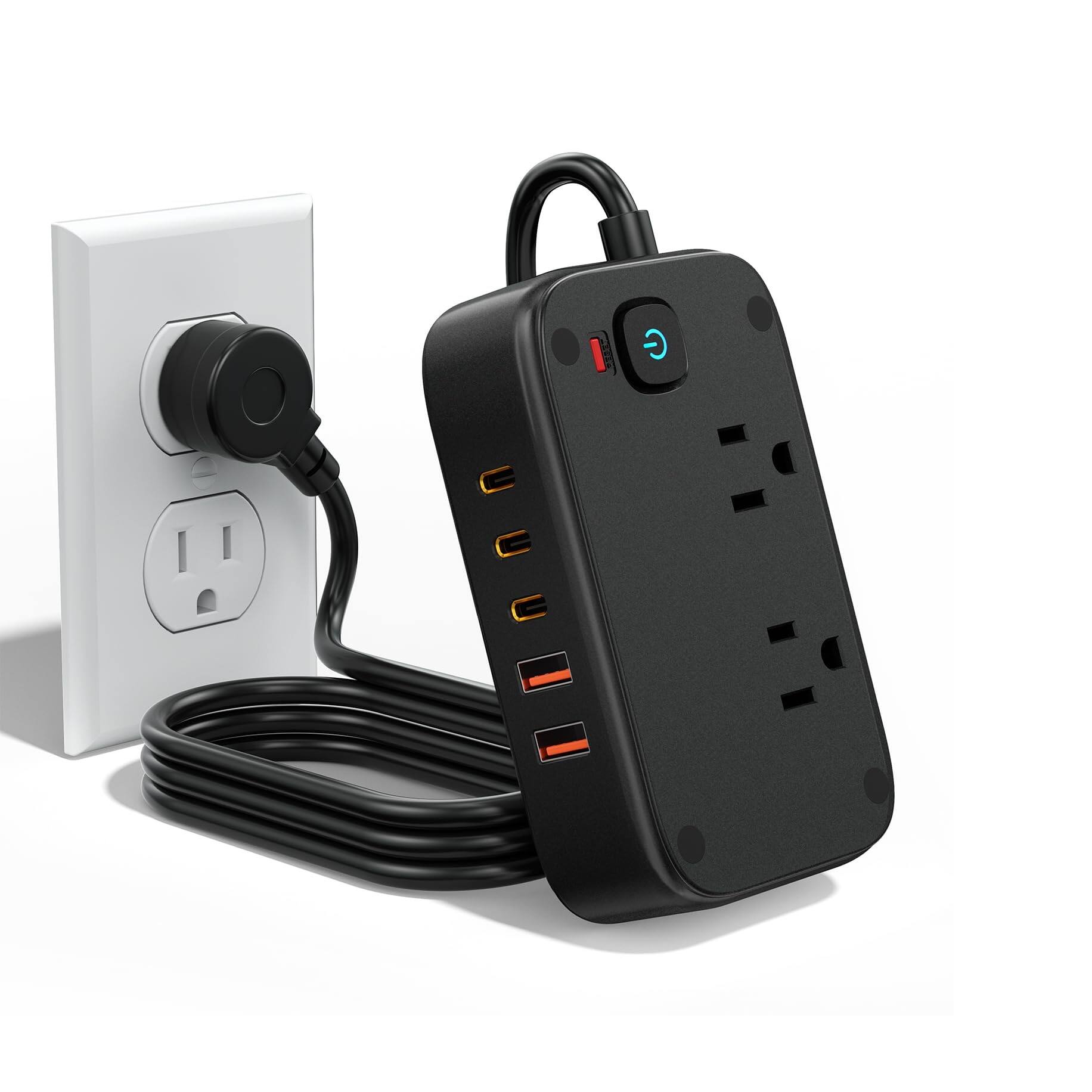 Front. Dazzed Corner - Travel Power Strip, Flat Plug Power Strip with 2 AC Outlets - Black.