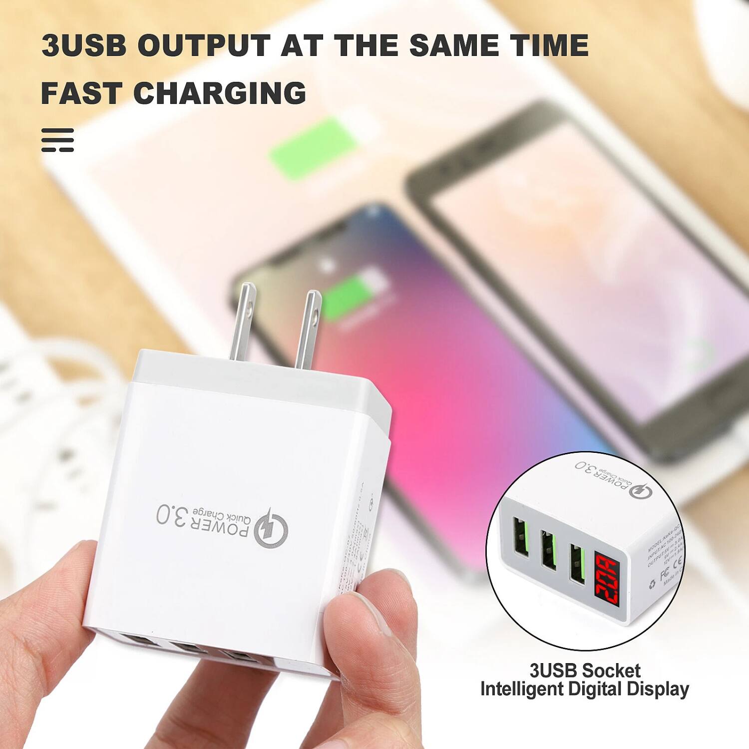 3USB OUTPUT AT THE SAME TIME  
FAST CHARGING  

3USB Socket  
Intelligent Digital Display  

POWER 3.0  
POWER 3.0  
FC e  
20A