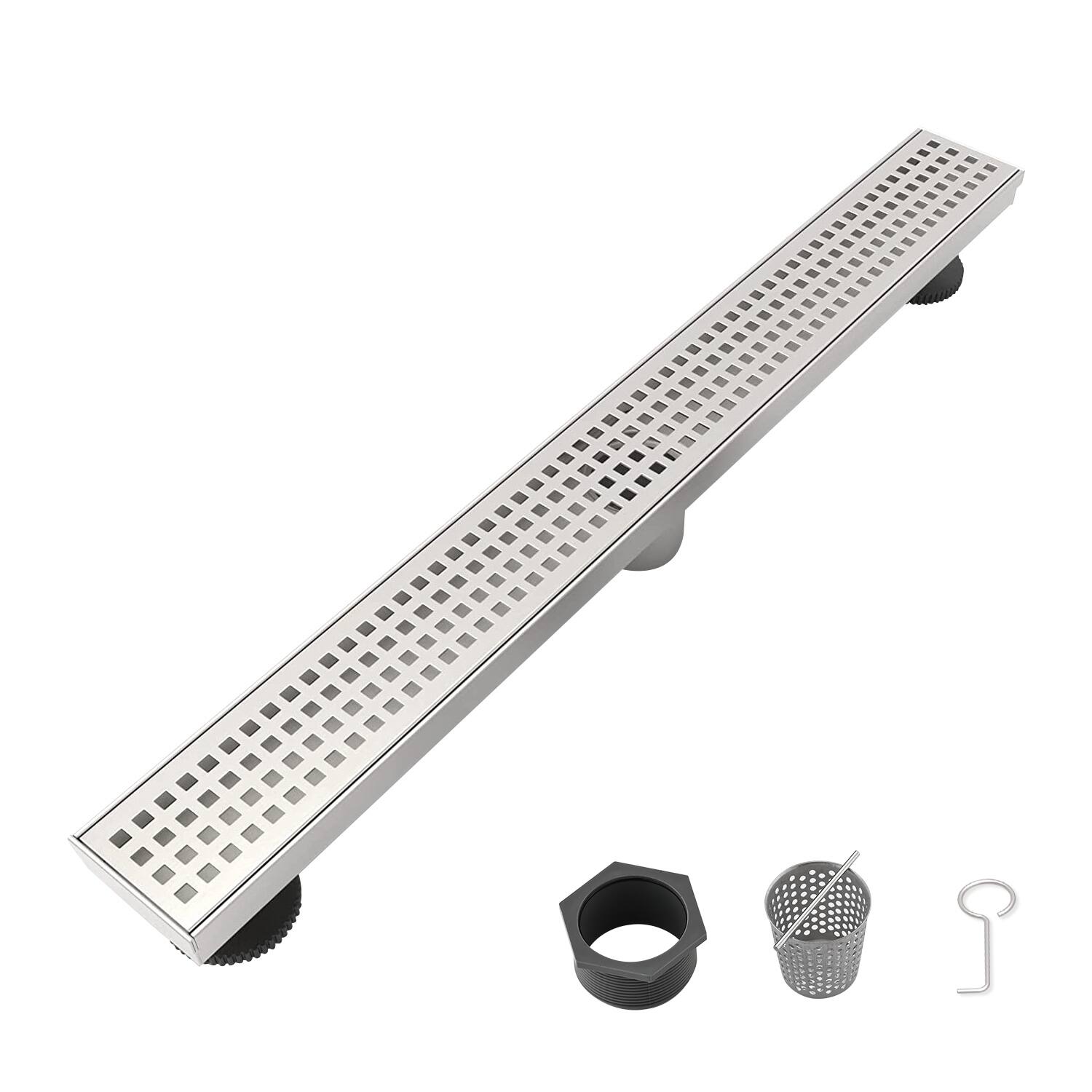 Front. TinyHomie - 24" Linear Shower Drain, Quadrato Grate, SUS304 Stainless Steel, Hair Strainer, Leveling Feet - White.