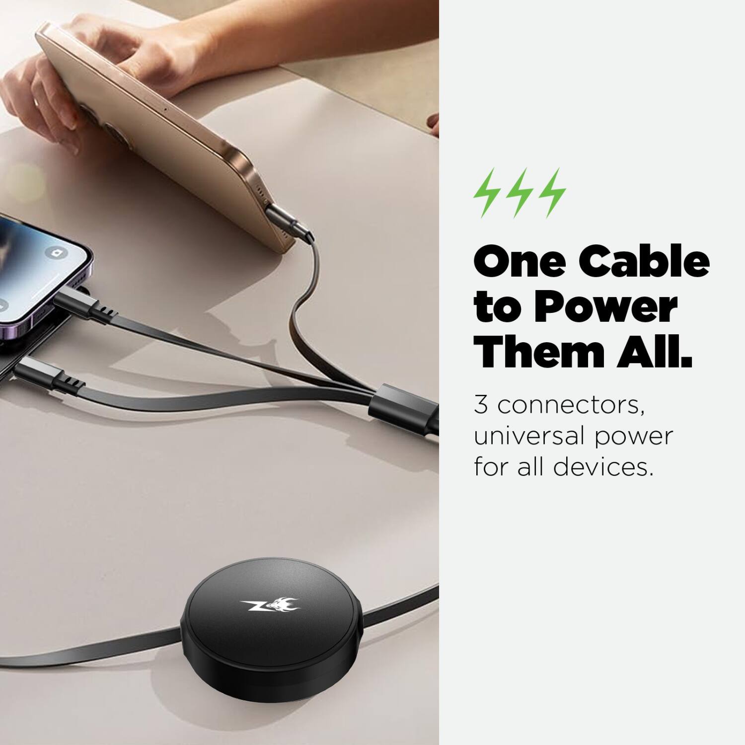 One Cable to Power Them All.

3 connectors, universal power for all devices.