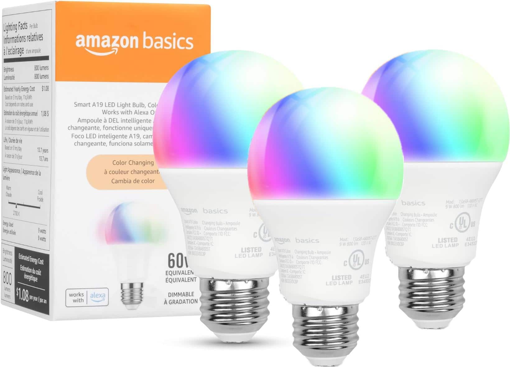 Amazon - Basics - Smart A19 LED Light Bulb - Color Changing 3 pack bundle price history on PriceWatchPro
