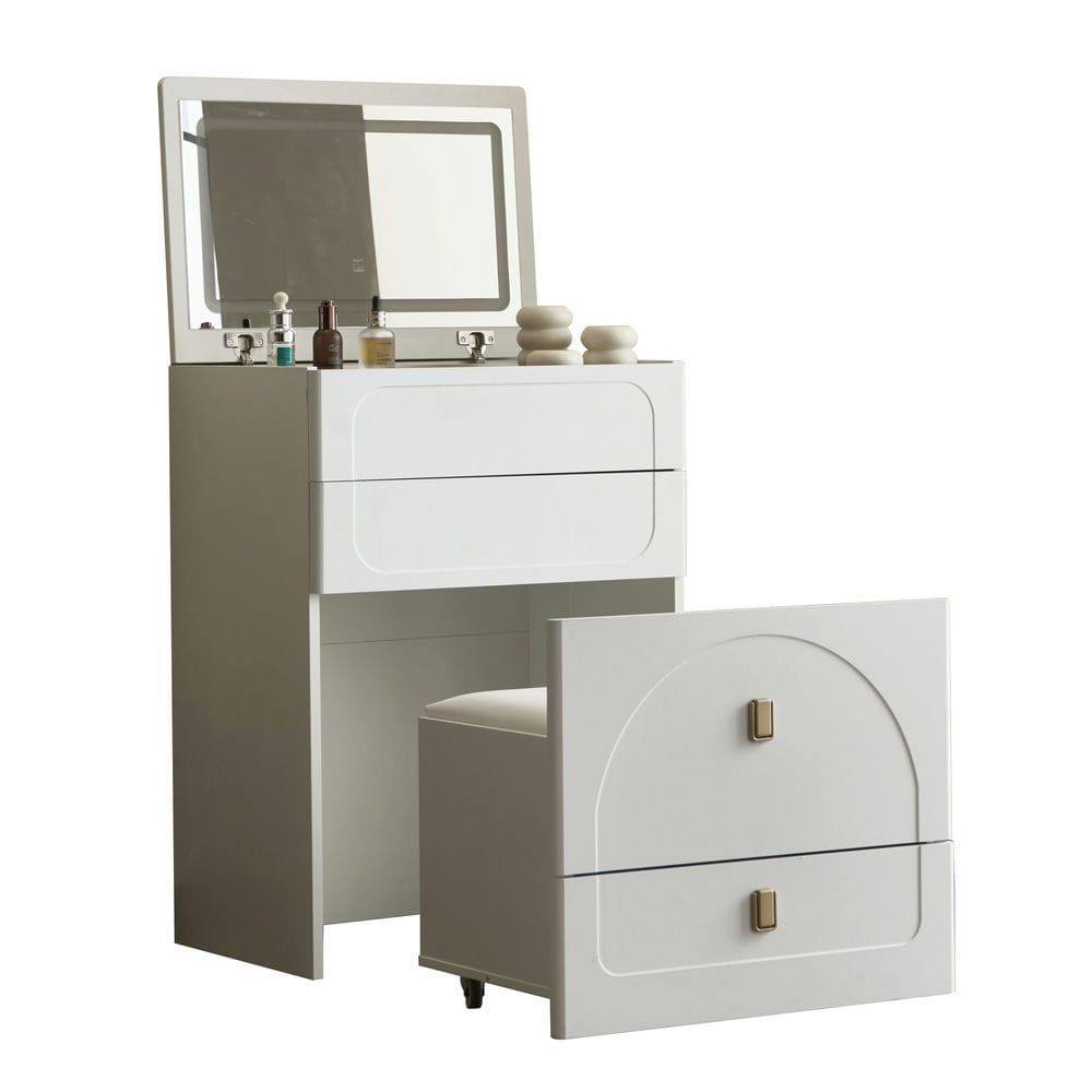 Front. Kadyn - Convertible Vanity Table with Mirror, 3 Drawers and Cushioned Stool - White - White.