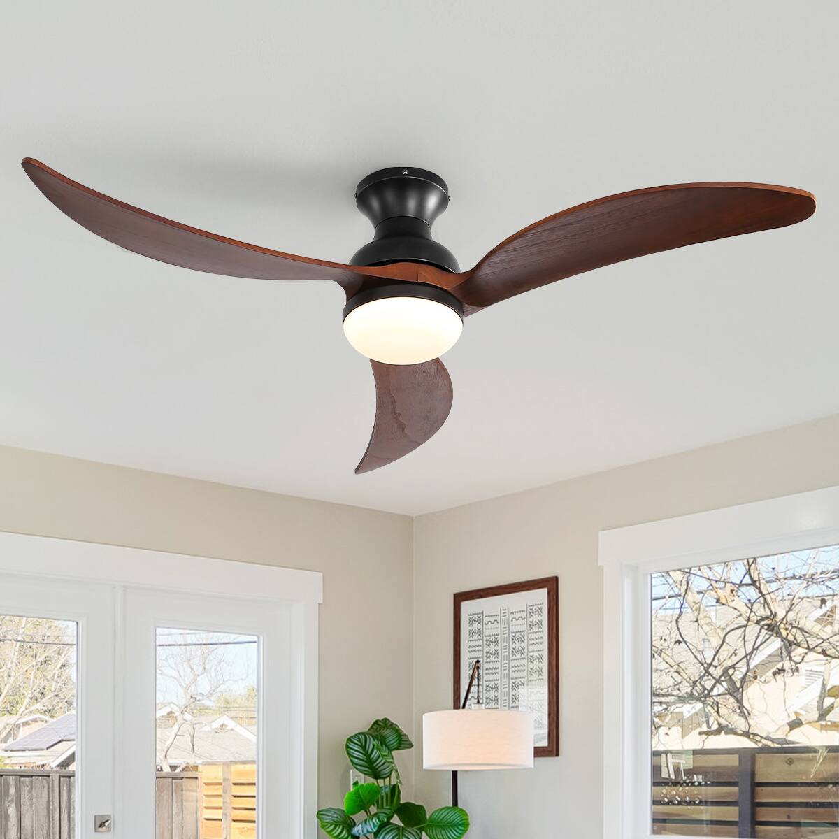 Angle. Sofucor - 52 inch Smart Ceiling Fan with Remote/APP/Alexa Control Reversible DC Motor Modern Bedroom Ceiling Fans Farmhouse - Black Walnut Wood.