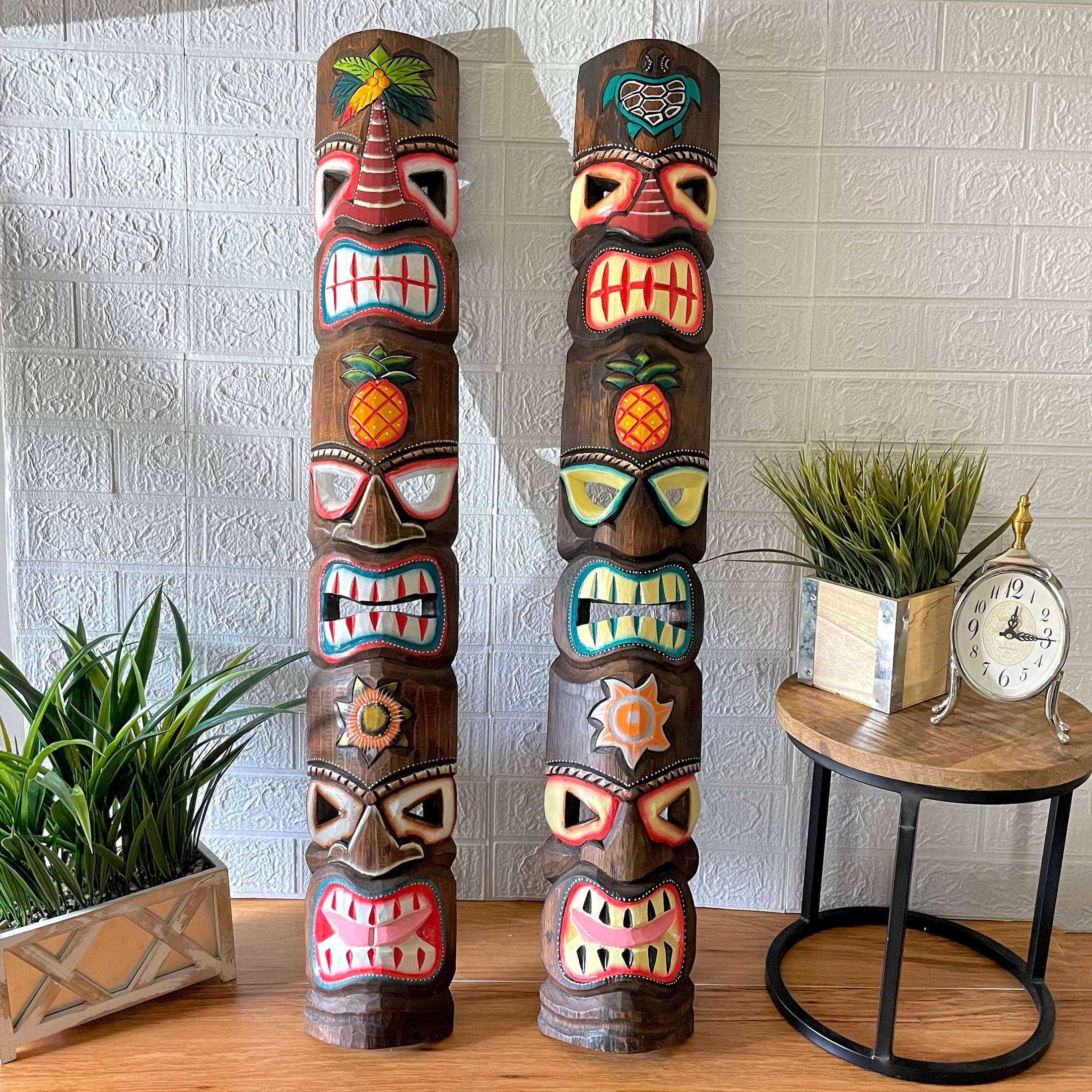 Alt View 3. Chesapeake Bay - Set of 2 Triple-Faced Tiki Wall Sculptures – Palm Tree, Sun & Sea Turtle Designs - Multicolored.